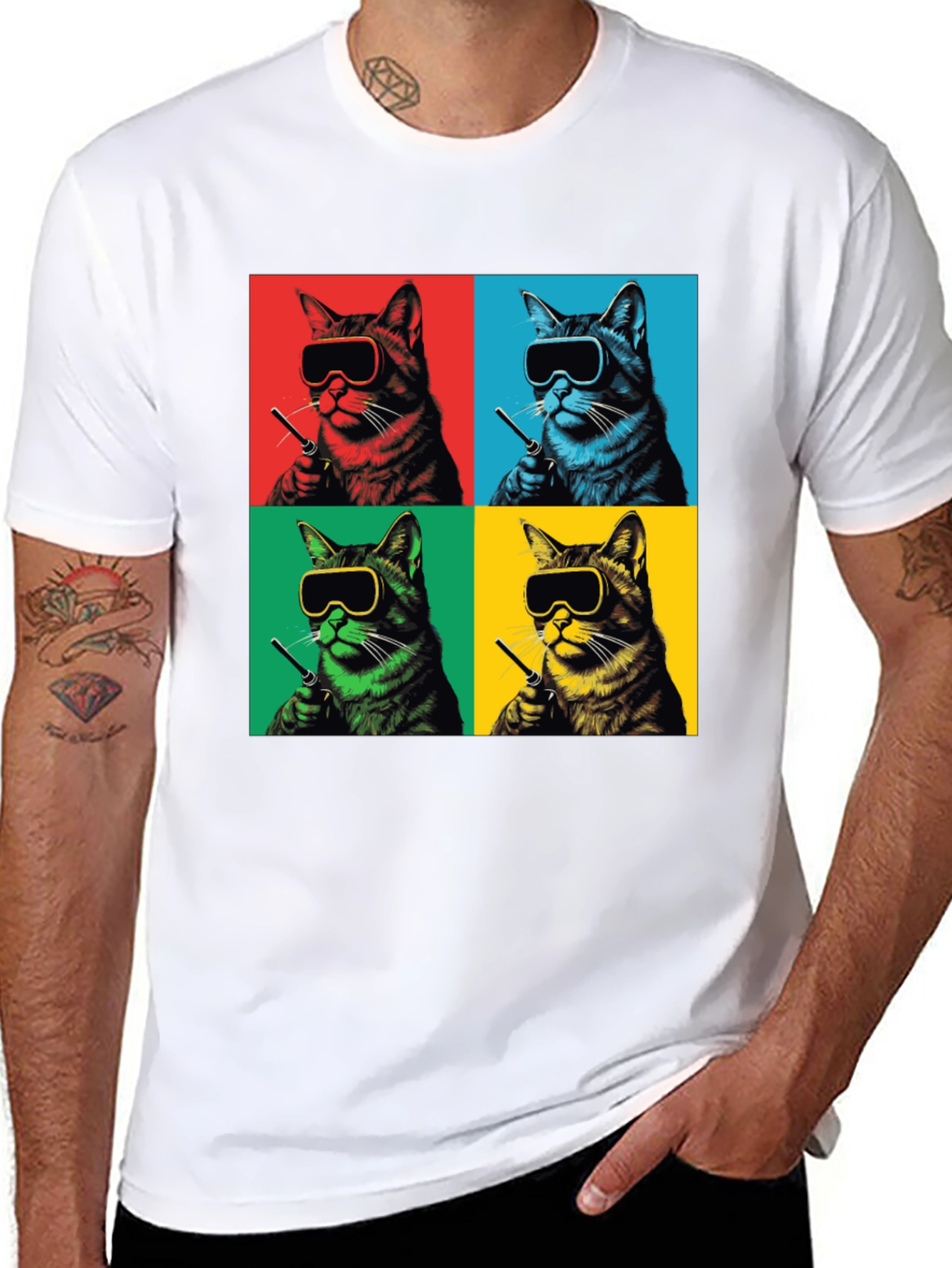 Black Pop Art Cat T-Shirt - Quirky Feline Style view 8
