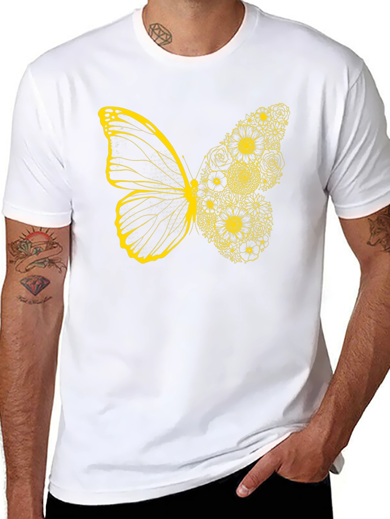 Black Floral Butterfly Graphic Tee - Black Cotton Casual Top view 8
