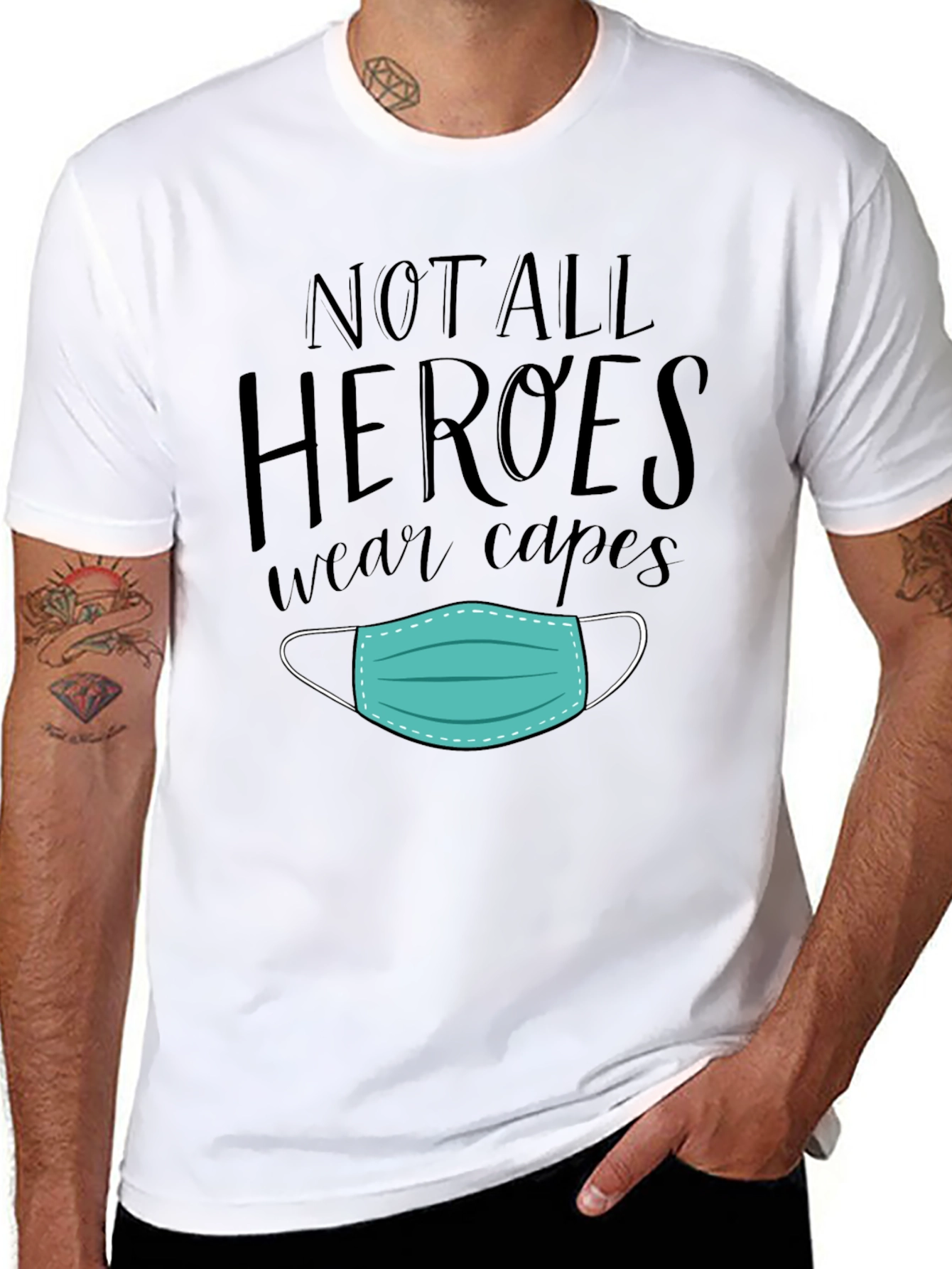 Black Not All Heroes Wear Capes Mask Graphic Tee view 8