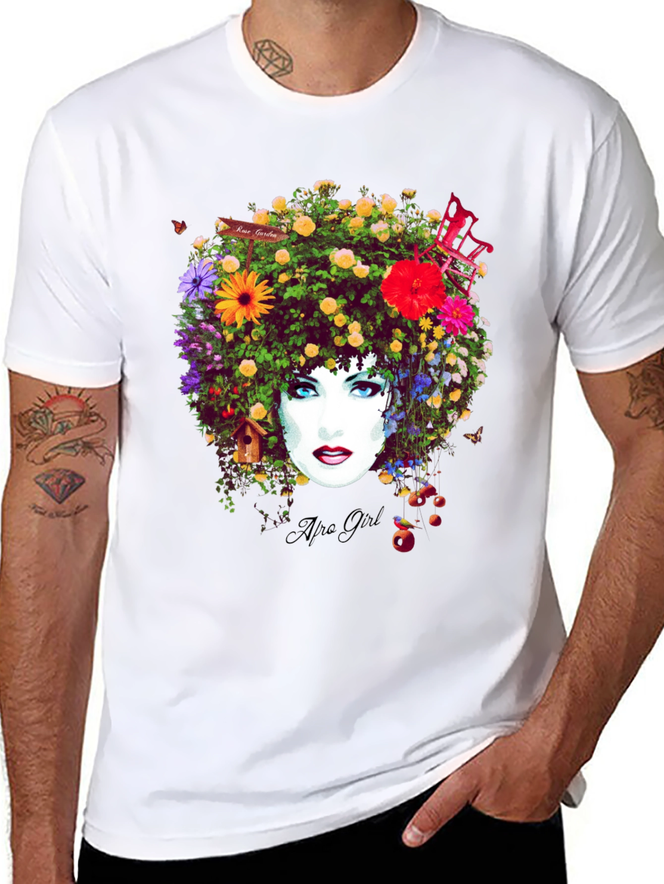 Black Floral Afro Girl Graphic Tee - Unique Design view 8