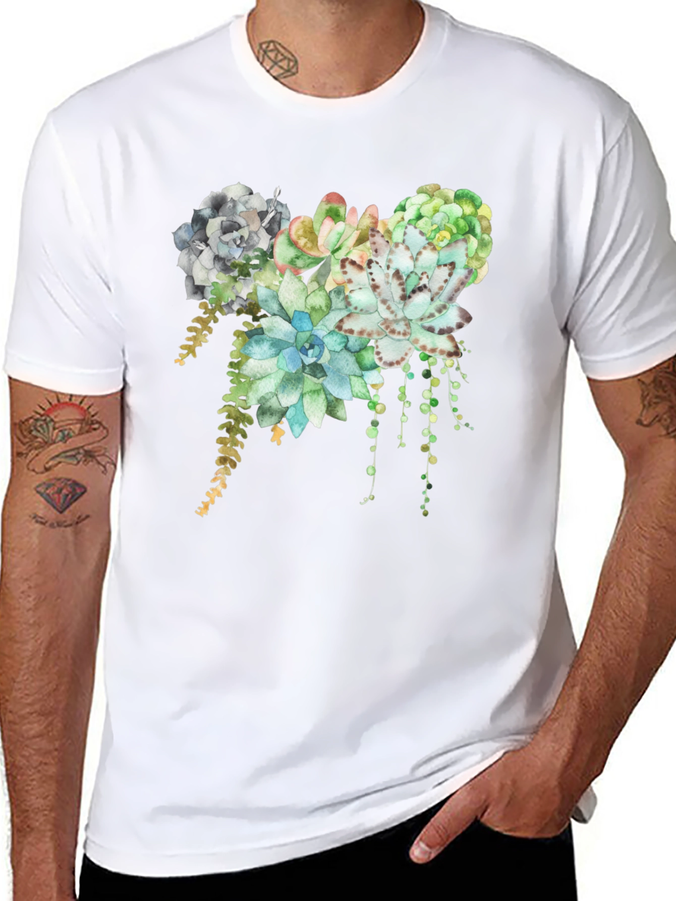 Black Succulent Print T-Shirt - Stylish Botanical Design view 8