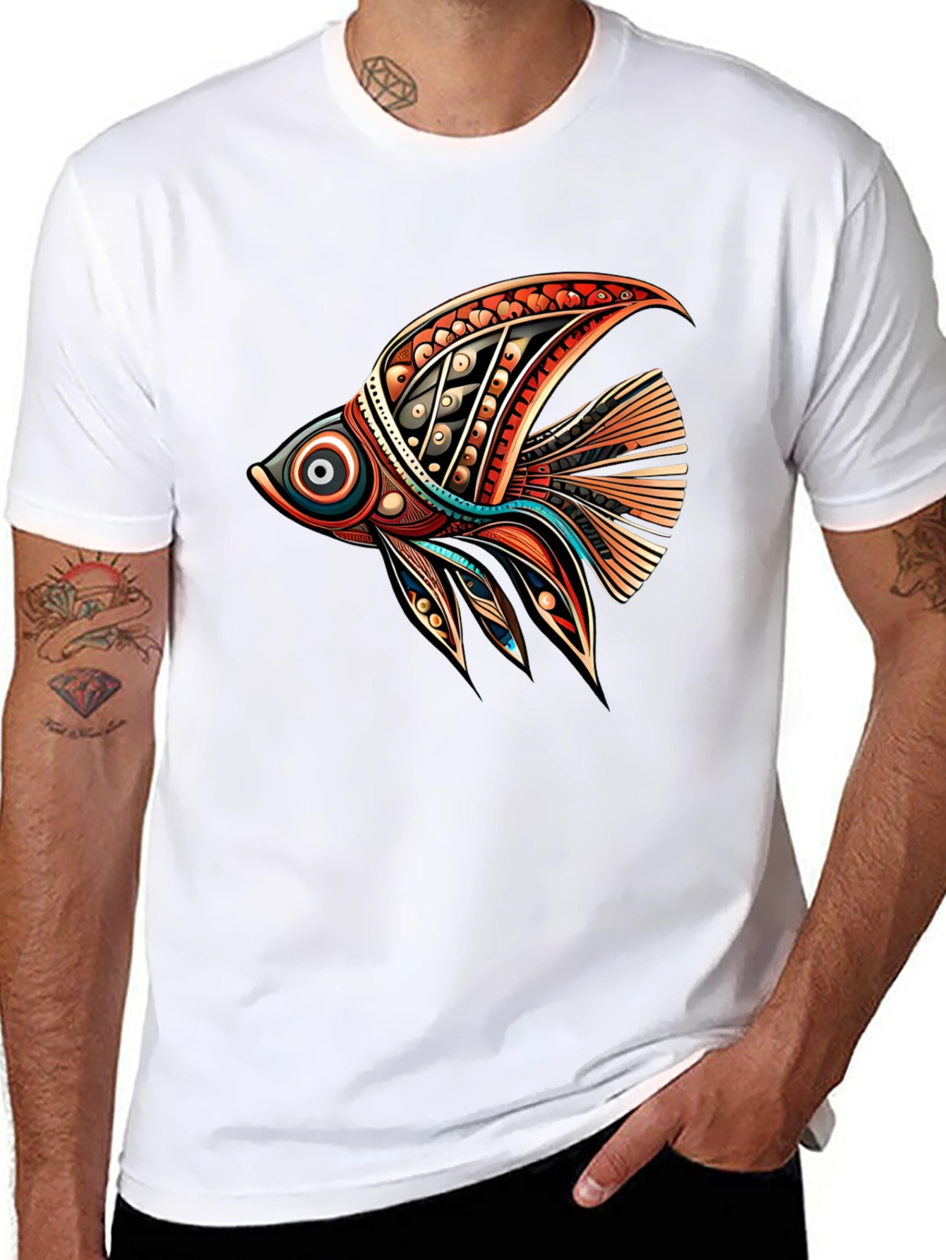 Black Tribal Fish Graphic Tee - Stylish Black T-Shirt view 8