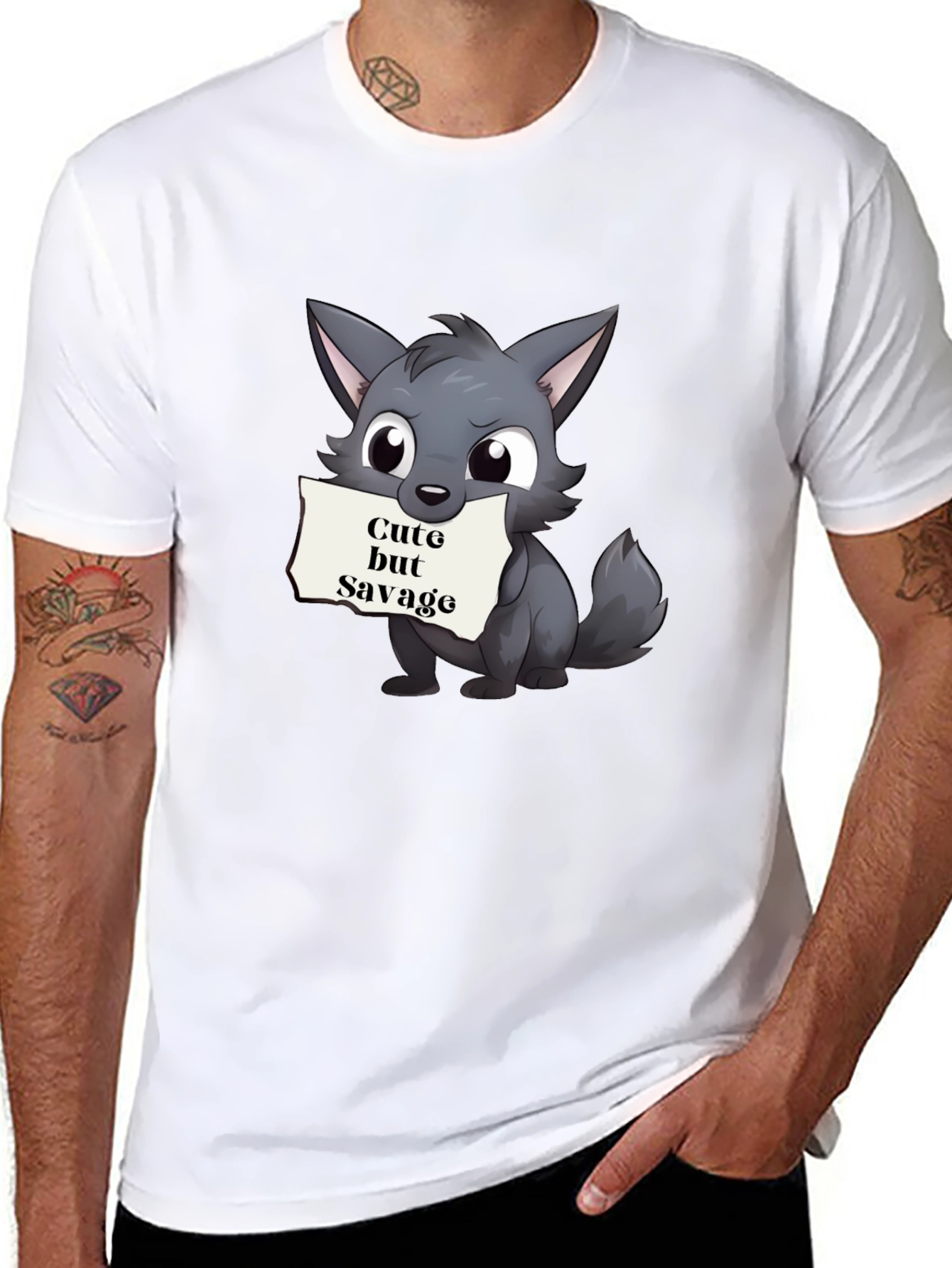 Black Cute but Savage Cartoon Wolf Black T-Shirt view 8