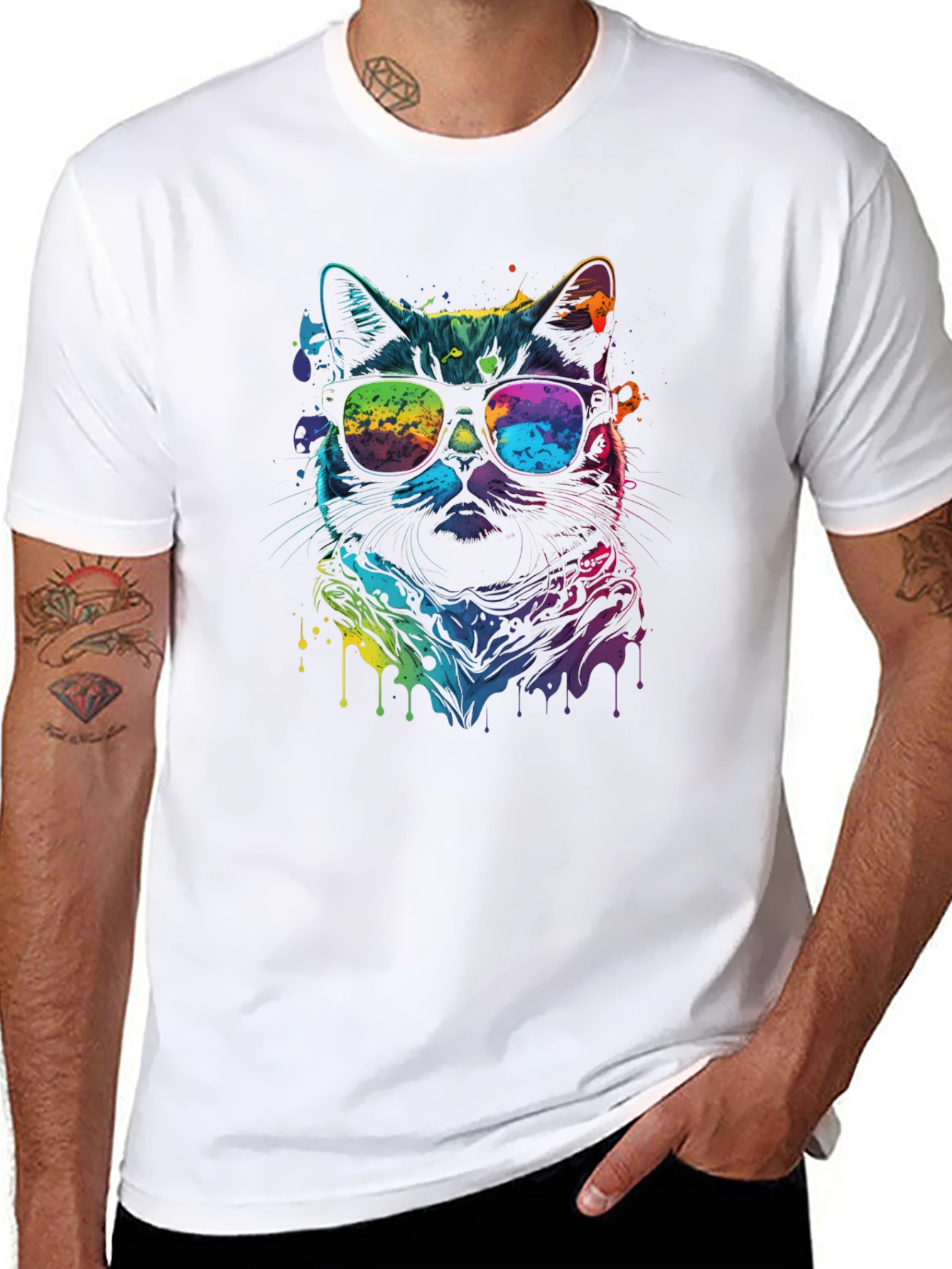 Black Cool Cat Tee - Vibrant Rainbow Graphic view 8