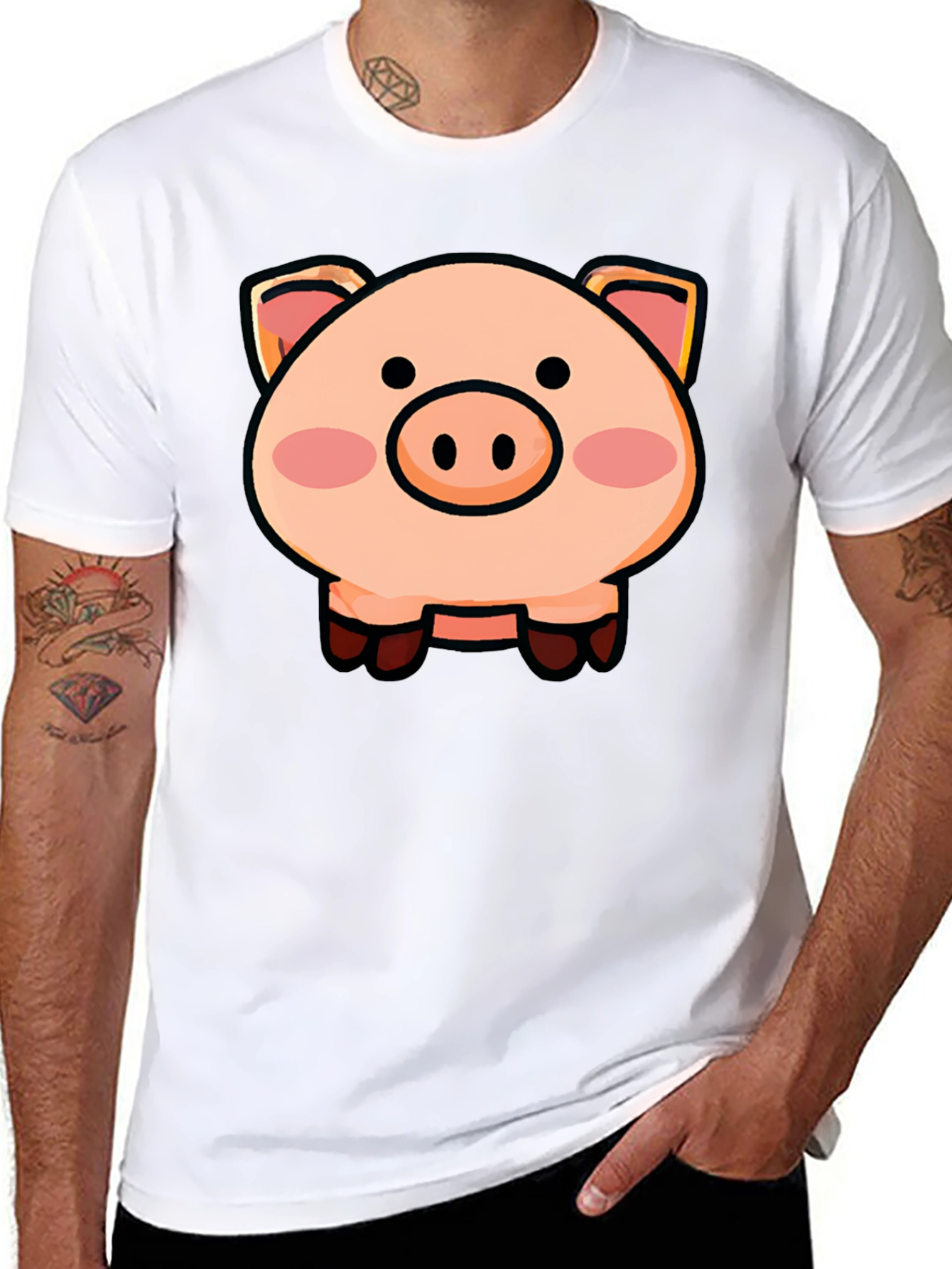 Black Cartoon Pig Graphic Tee - Unisex Black T-Shirt view 8