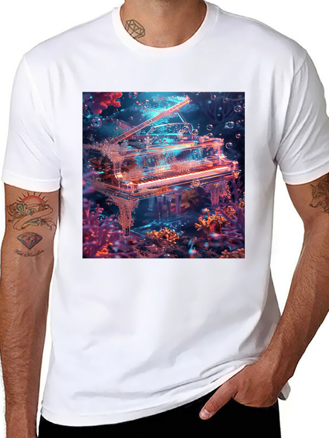 Black Underwater Piano Graphic Tee - Unique Design view 8