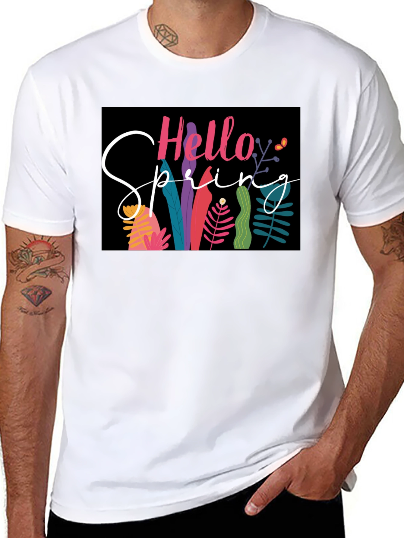 Black Hello Spring Graphic Tee - Black Cotton Casual view 8