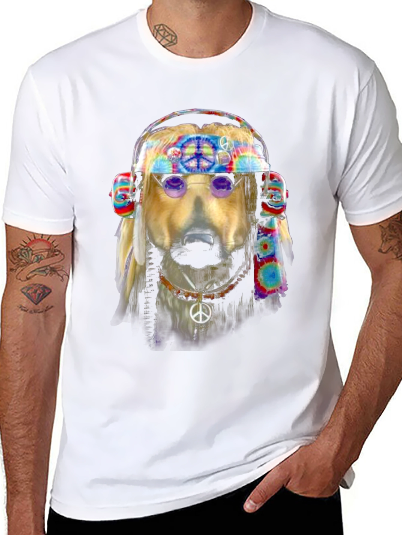 Black Hippie Dog Graphic T-Shirt - Peace & Love view 8