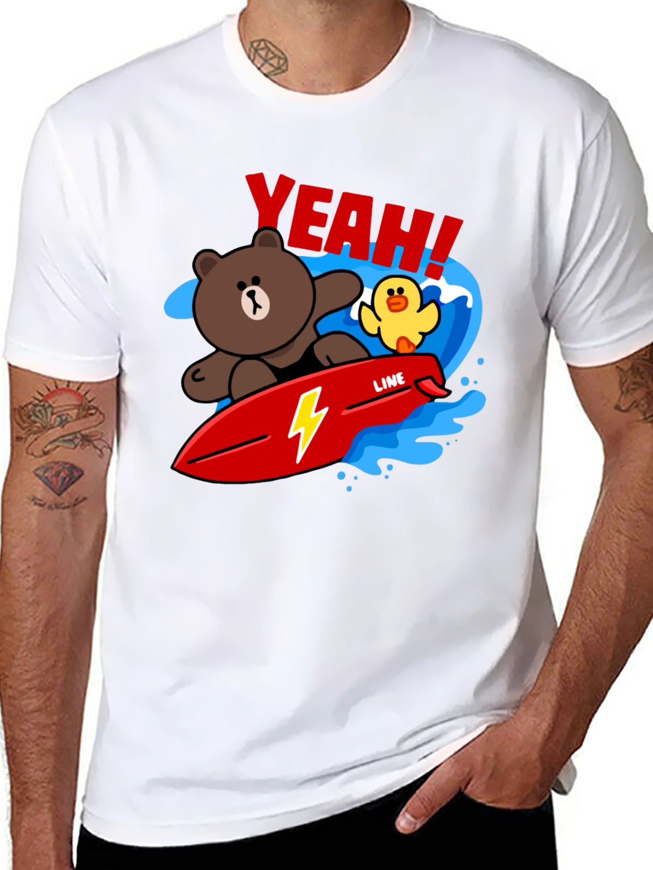 Black Cartoon Bear Surfing Graphic T-Shirt view 8