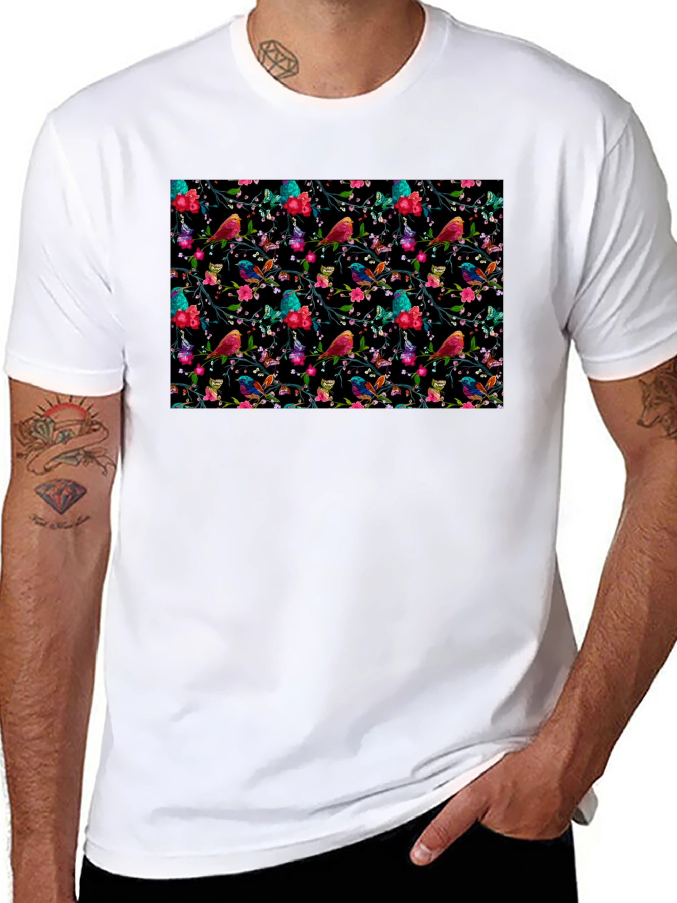 Black Floral Bird Print Black Tee view 8