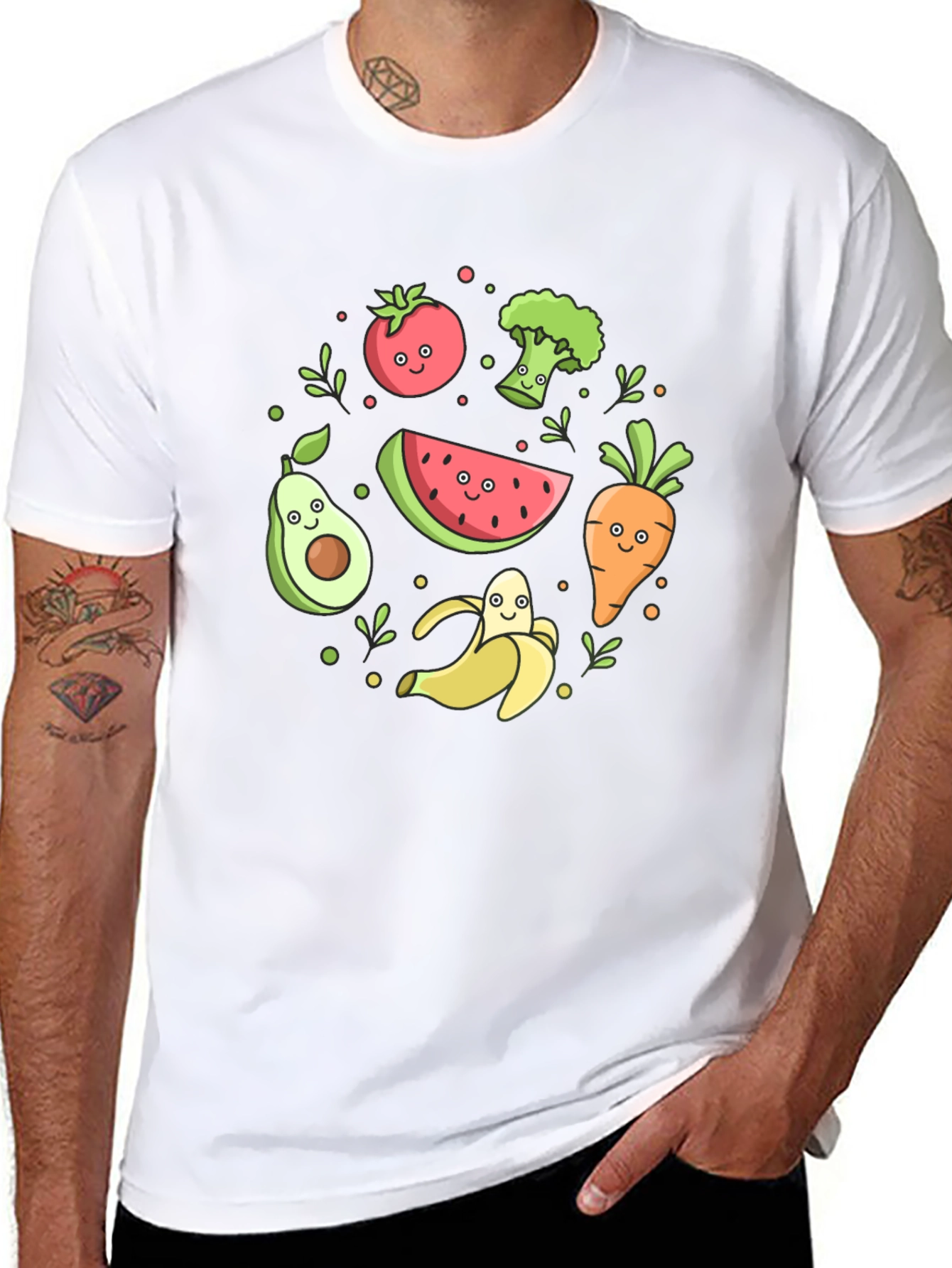 Cute Cartoon Fruits and Veggies Graphic Tee - 8
