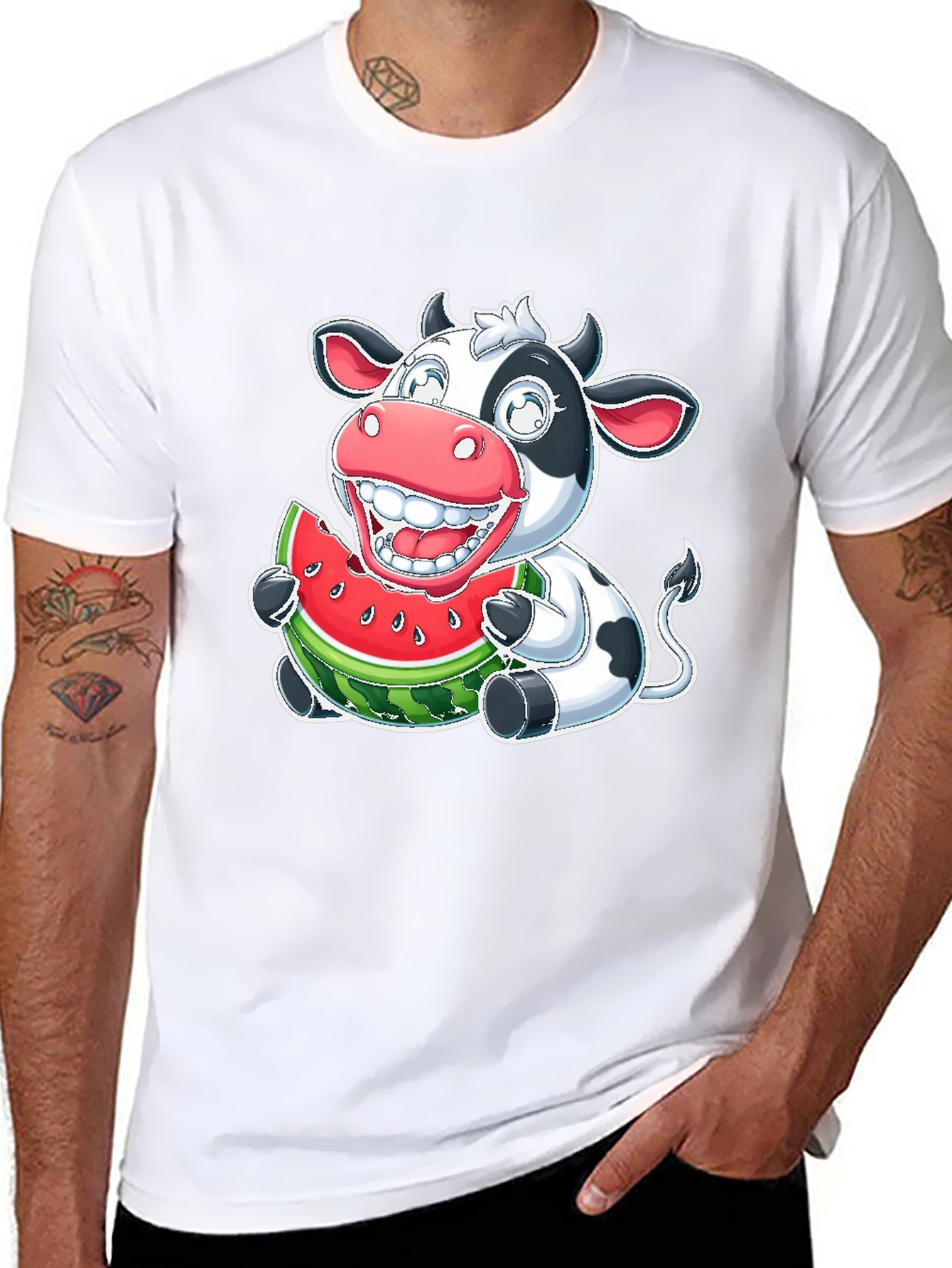 Black Funny Cow Watermelon Graphic T-Shirt view 8