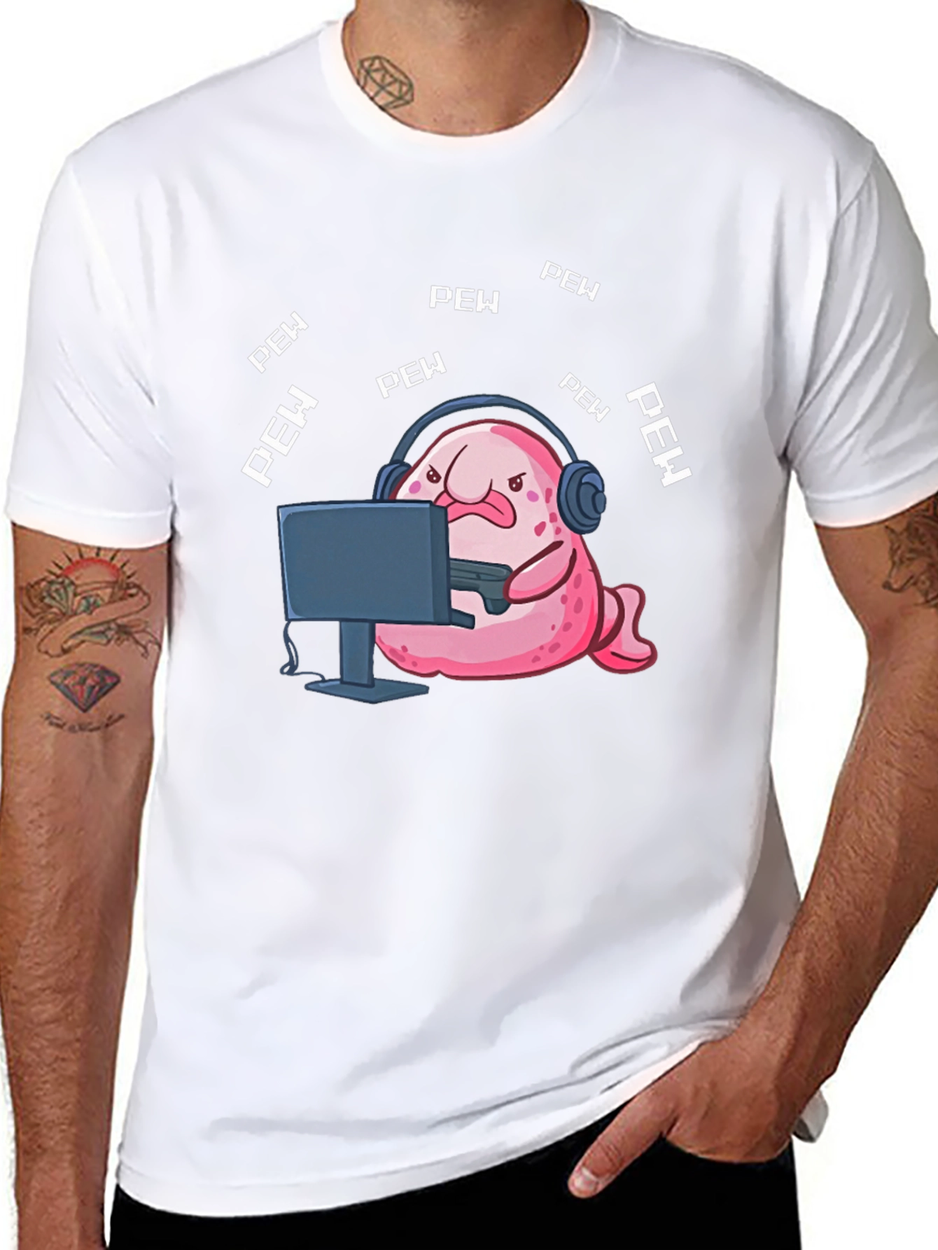 Black Gamer Blobfish T-Shirt - Pew Pew Funny Tee view 8