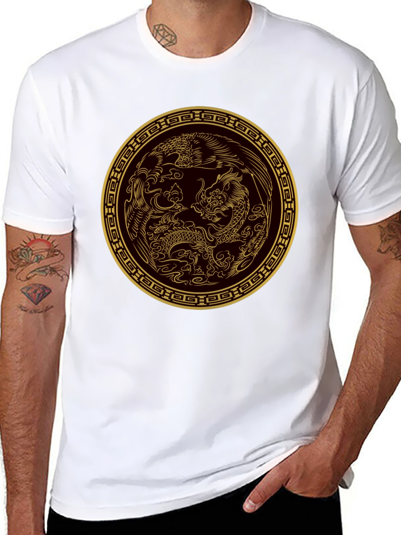 Black Dragon and Phoenix Gold Print Black T-Shirt view 8