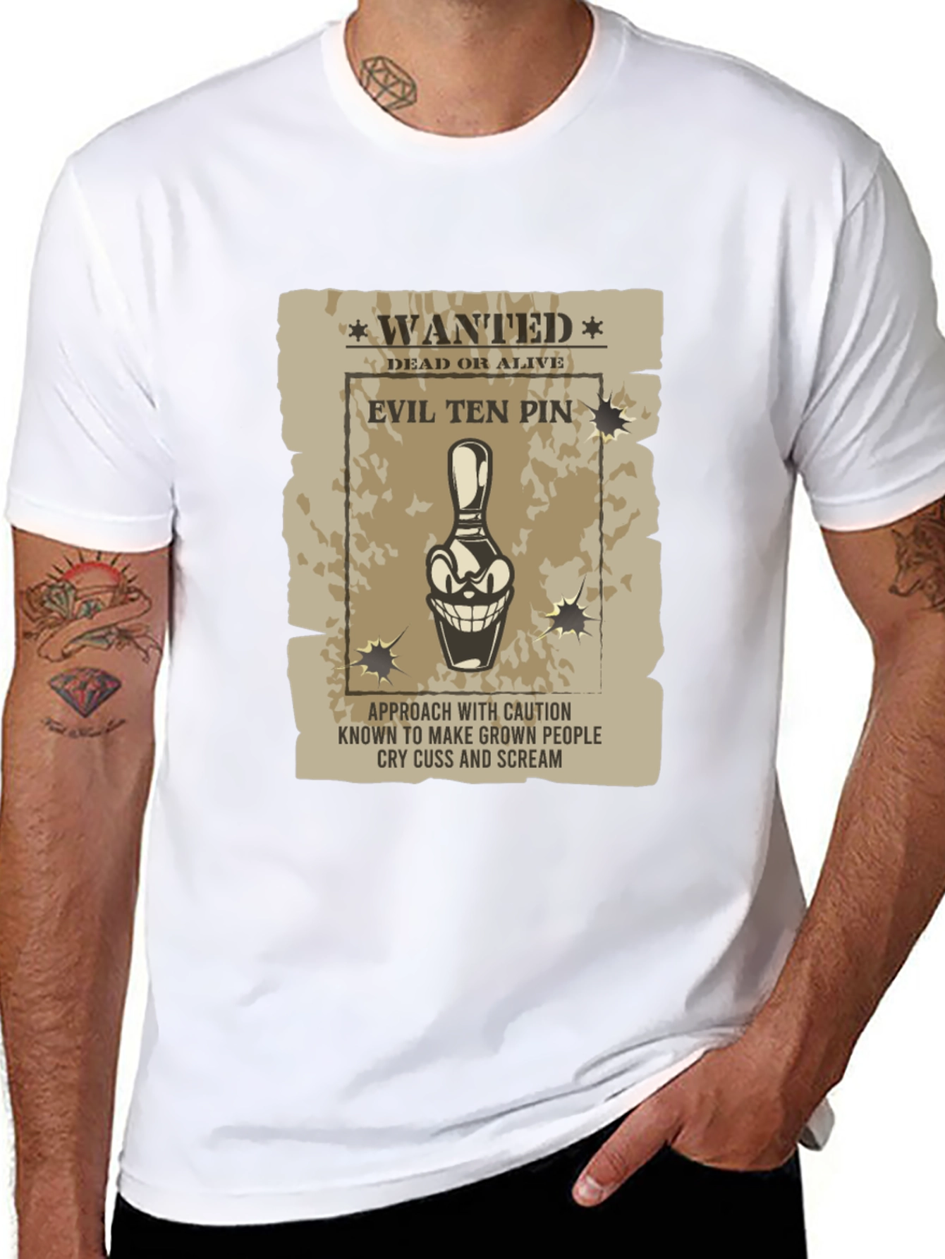 Black Evil Ten Pin Wanted T-Shirt - Funny Bowling Tee view 8