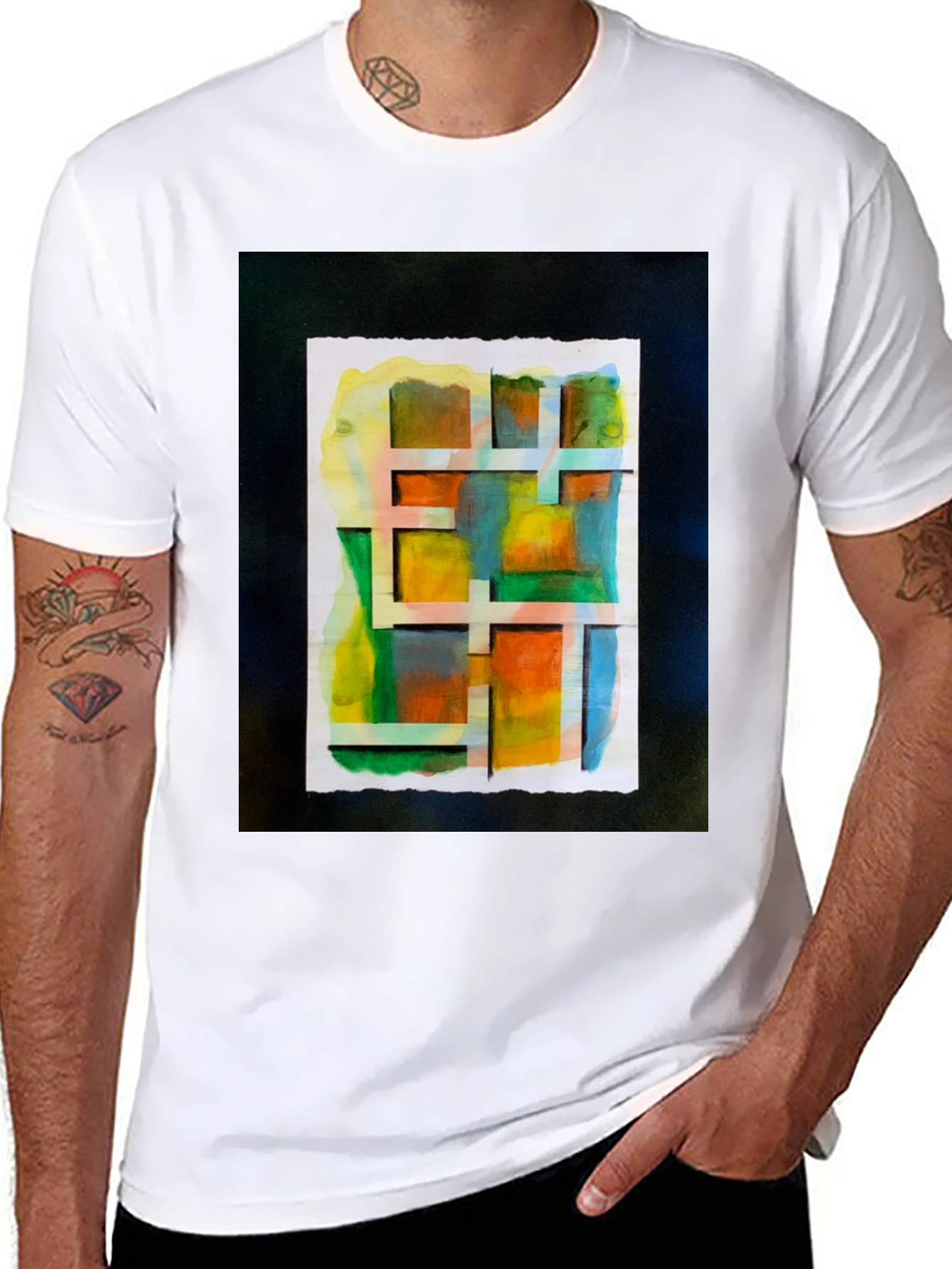 Black Abstract Watercolor Grid Graphic Tee view 8