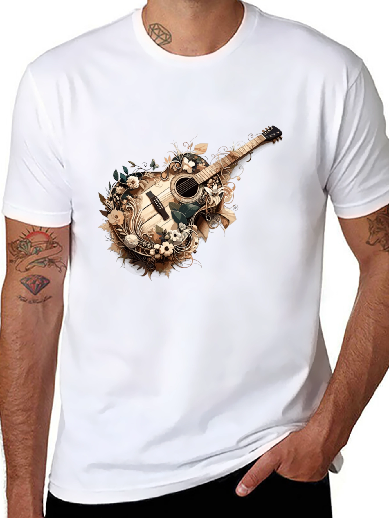 Black Floral Guitar Graphic Tee - Stylish Black T-Shirt view 8