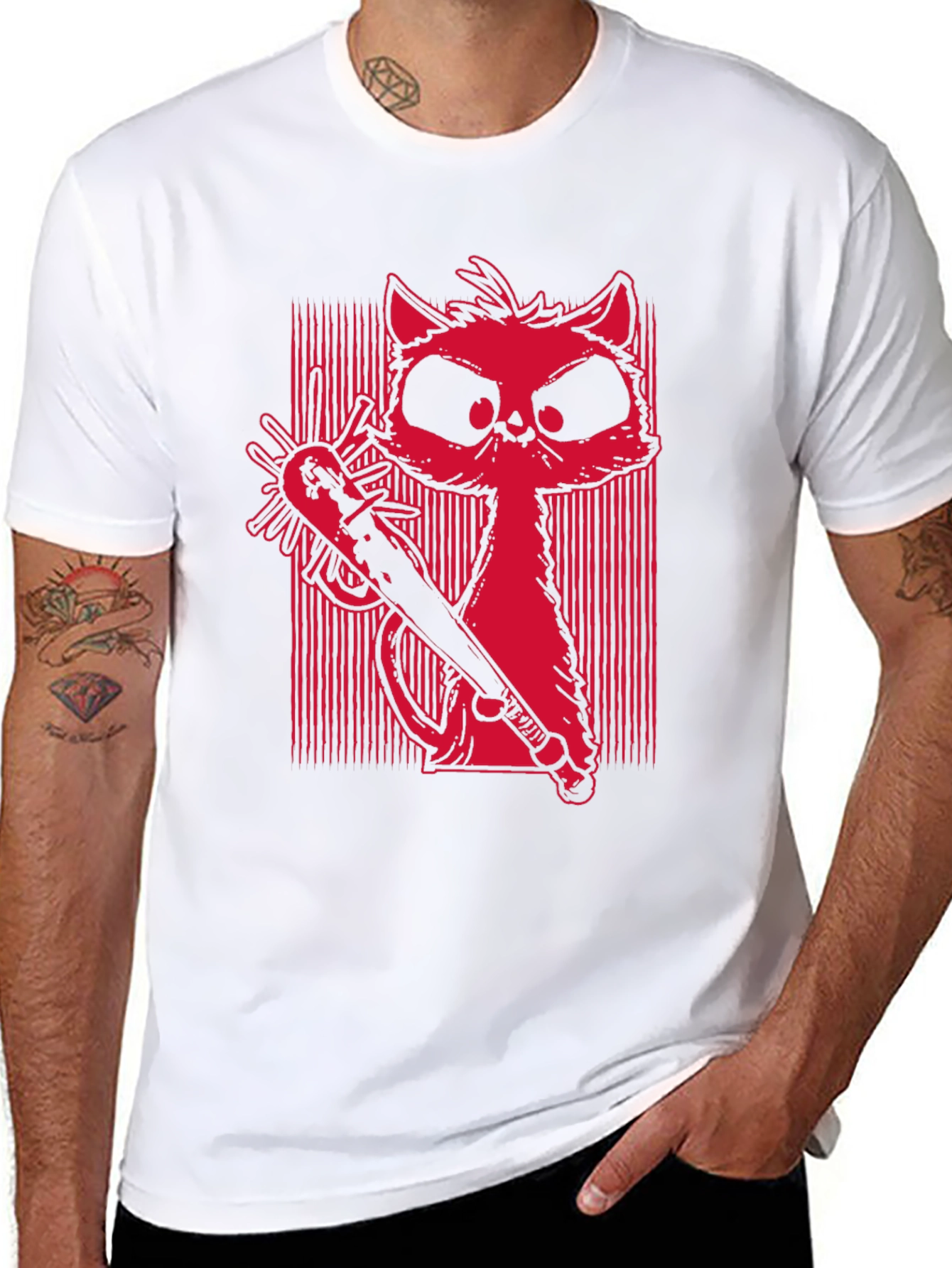 Black Men's Graphic Tee - Cat with Baseball Bat view 8