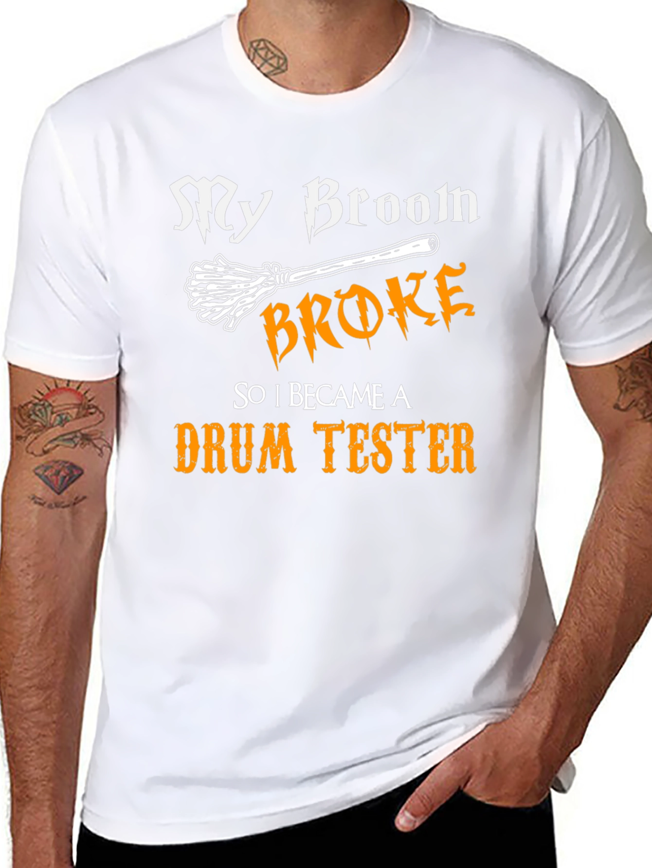 Black My Broom Broke Drum Tester Graphic Tee view 8