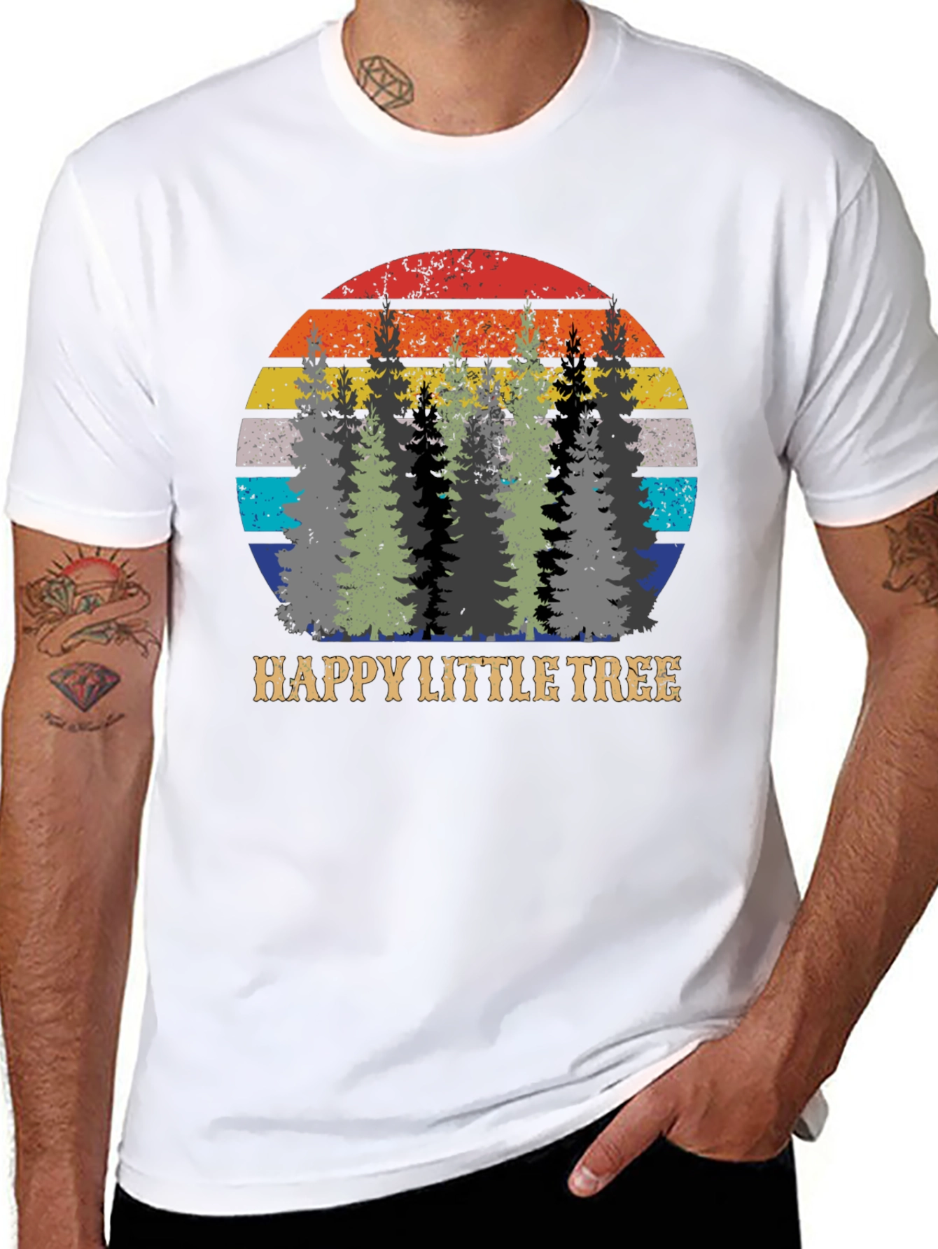 Black Happy Little Tree Retro Sunset Graphic Tee view 8