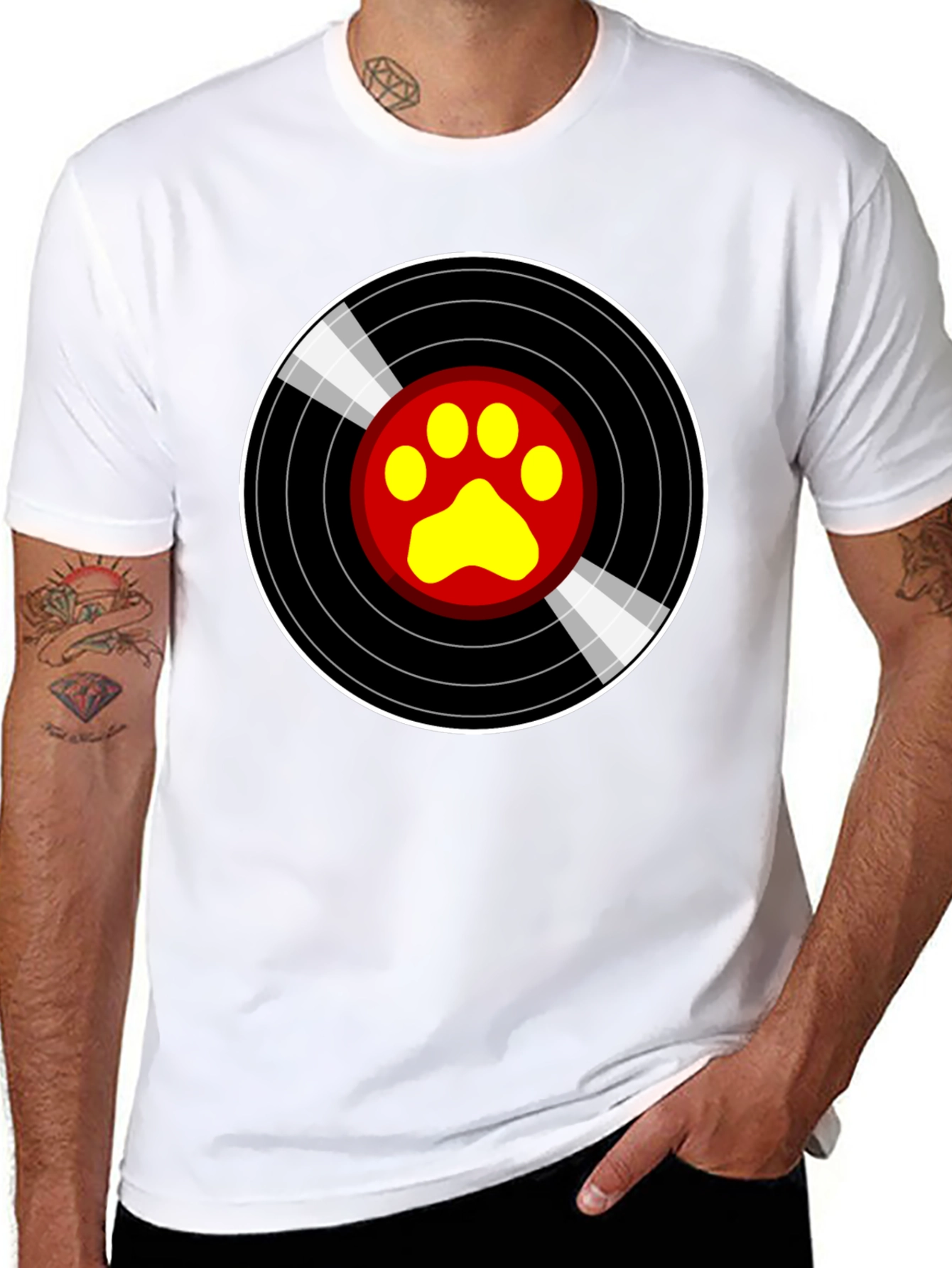 Black Vinyl Paw Print T-Shirt - Music Loving Pet Owner view 8