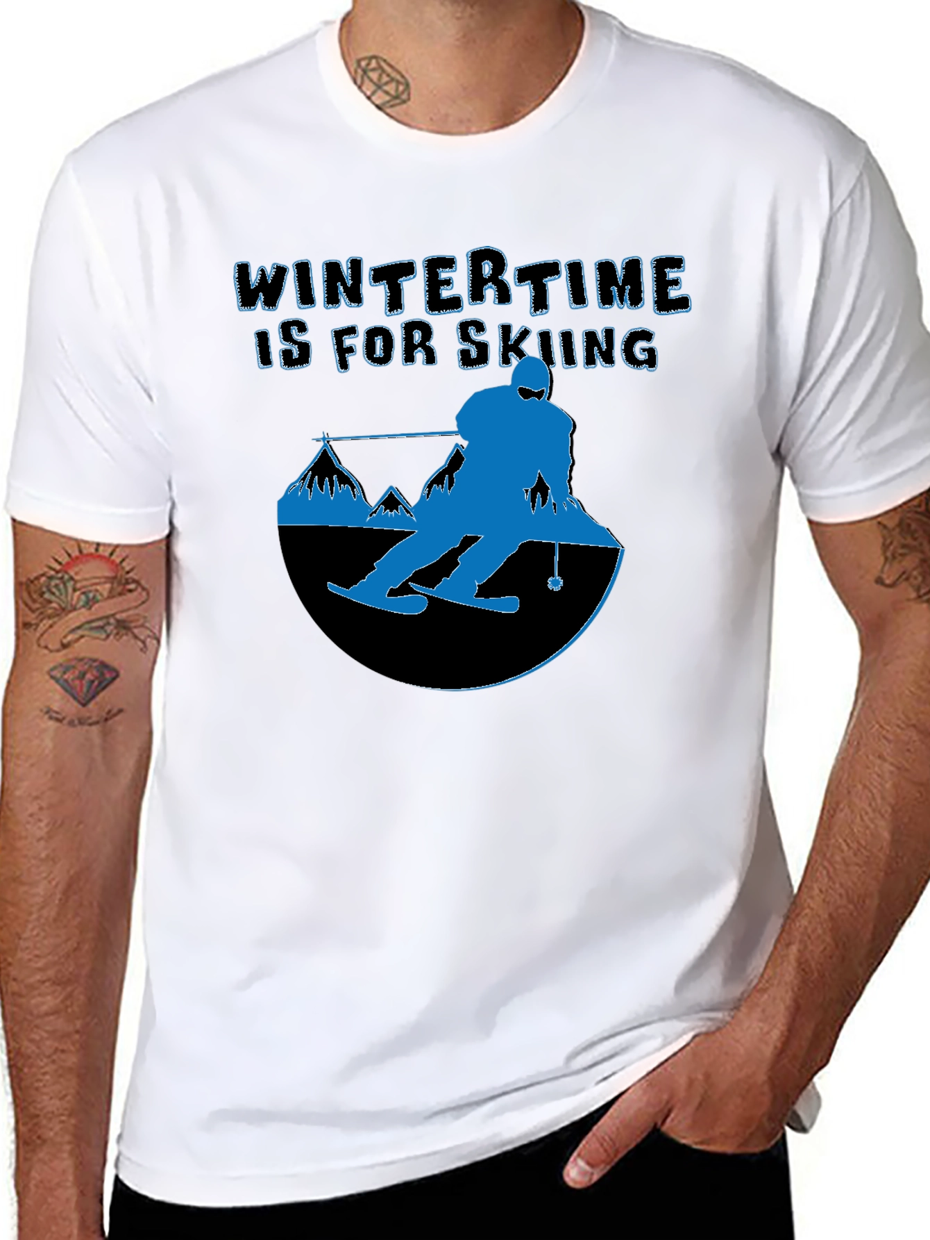 Black Winter Skiing Graphic Tee - Black Cotton T-Shirt view 8