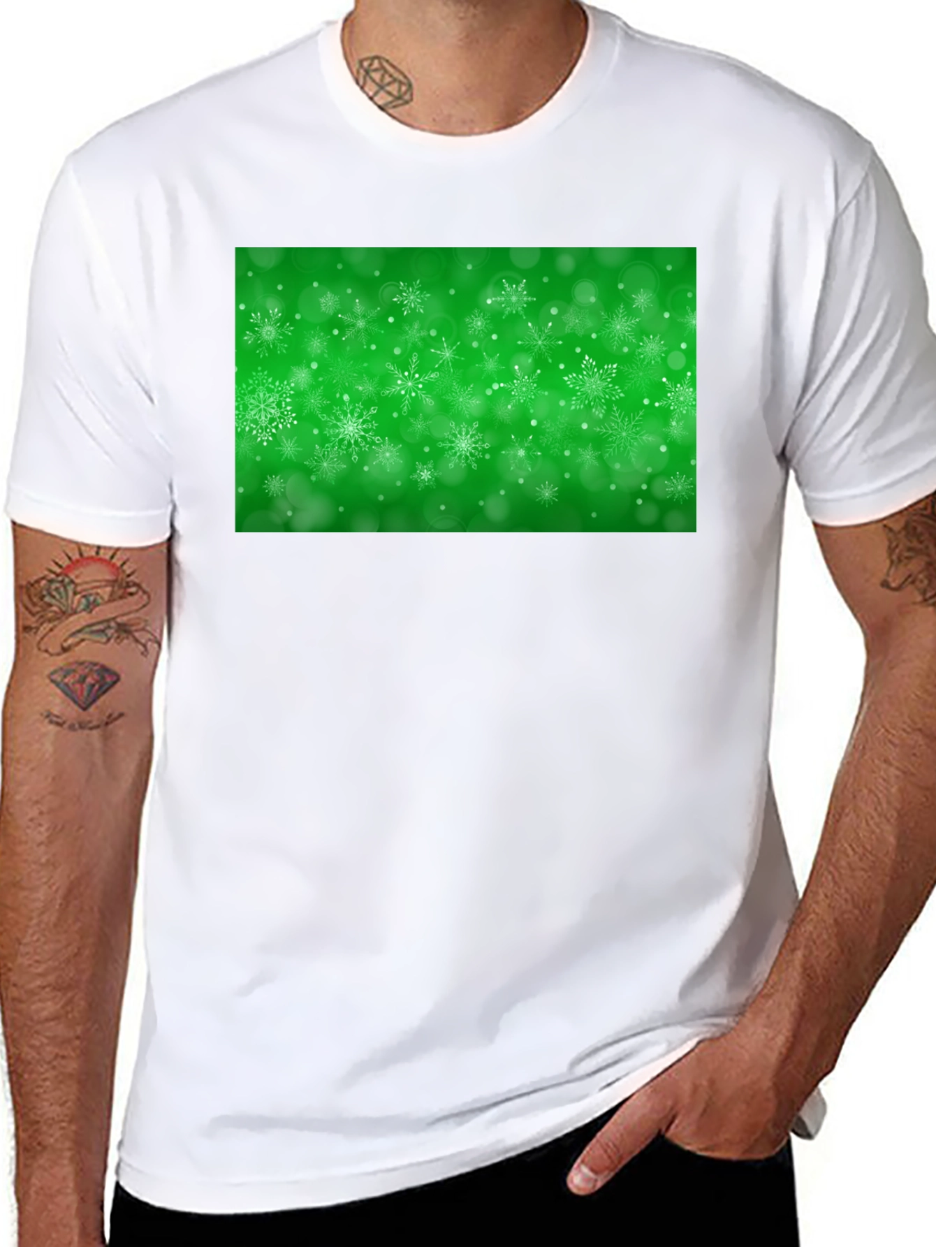 Black Snowflake Festive Green Holiday T-Shirt view 8