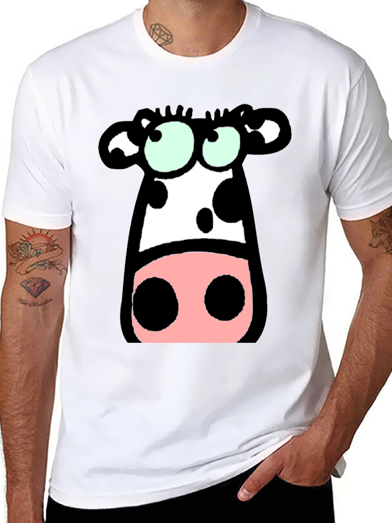 Black Cartoon Cow Graphic Tee - Black Cotton T-Shirt view 8
