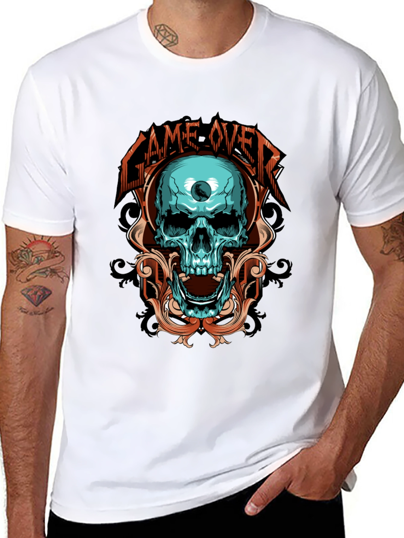 Black Game Over Skull Graphic Black T-Shirt view 8