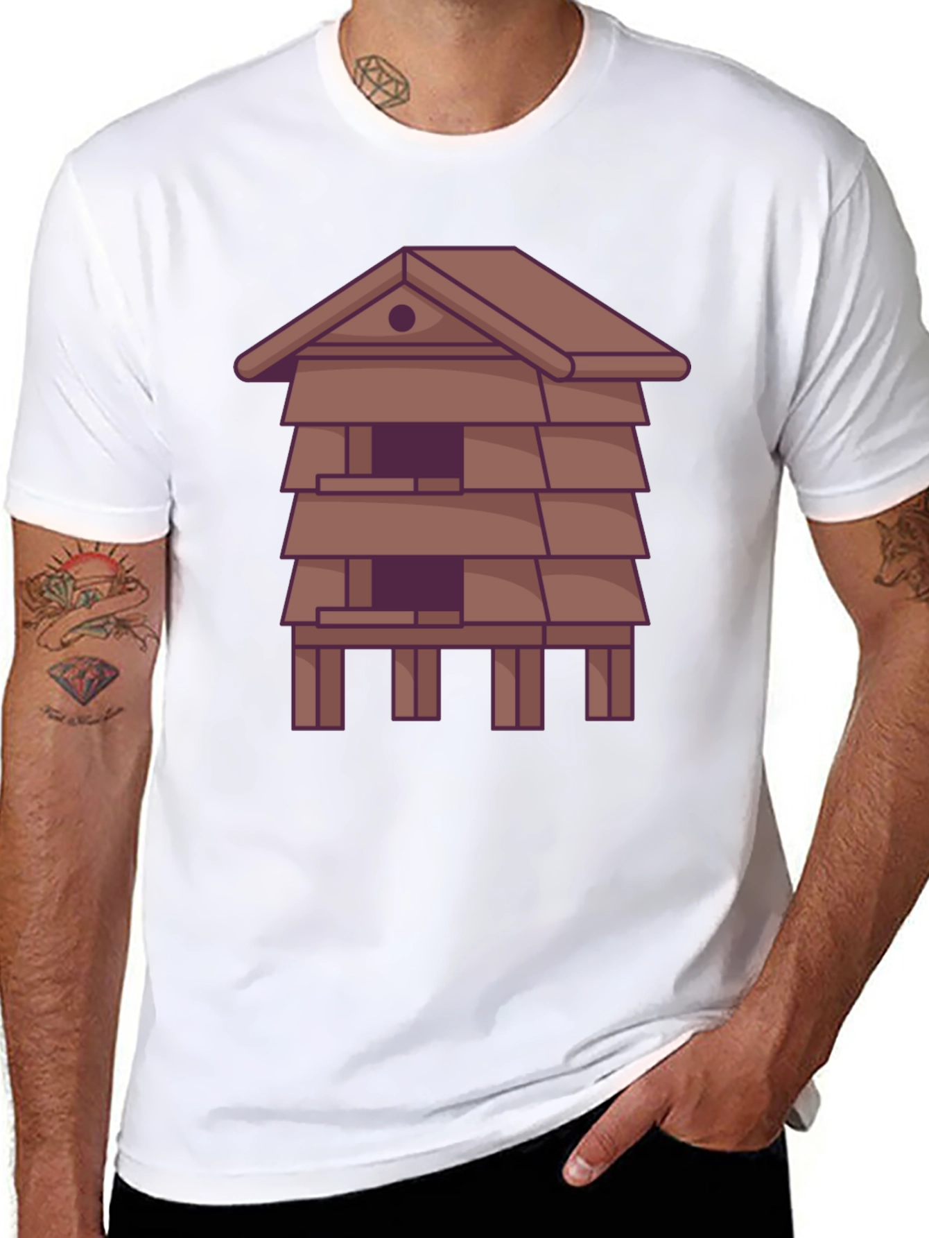 Black Unique T-Shirt with Stylized House Graphic view 8