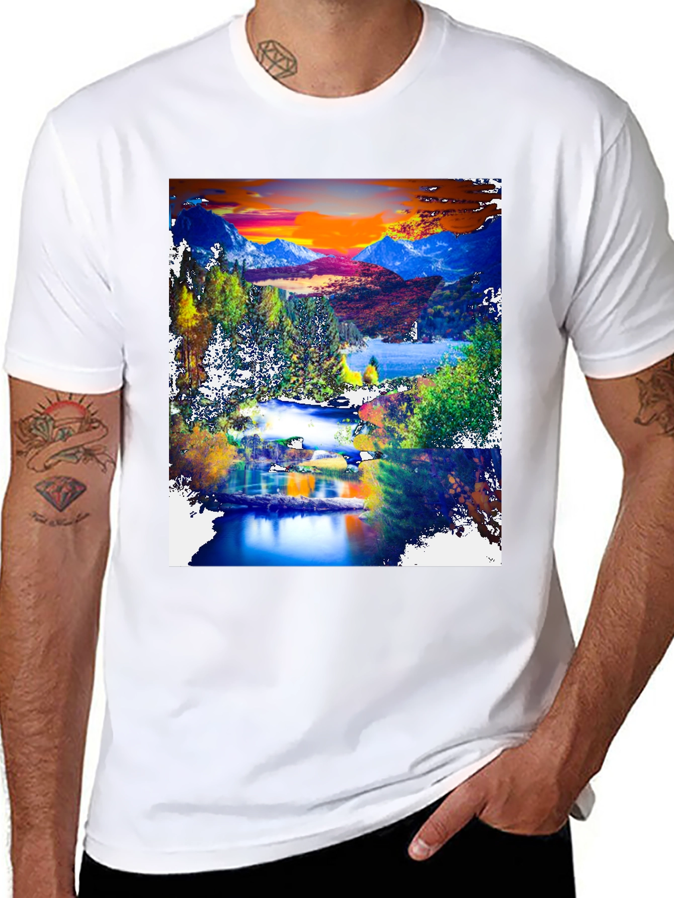 Black Nature's Canvas Tee: Mountain Lake Design view 8