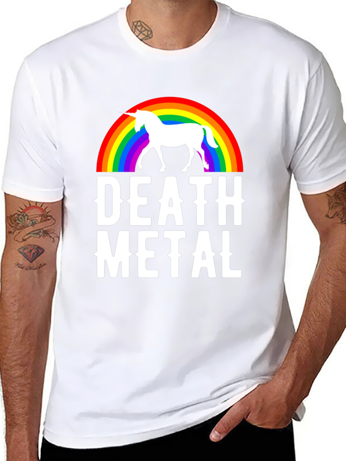 Black Death Metal Unicorn Rainbow T-Shirt - Black Cotton Tee view 8