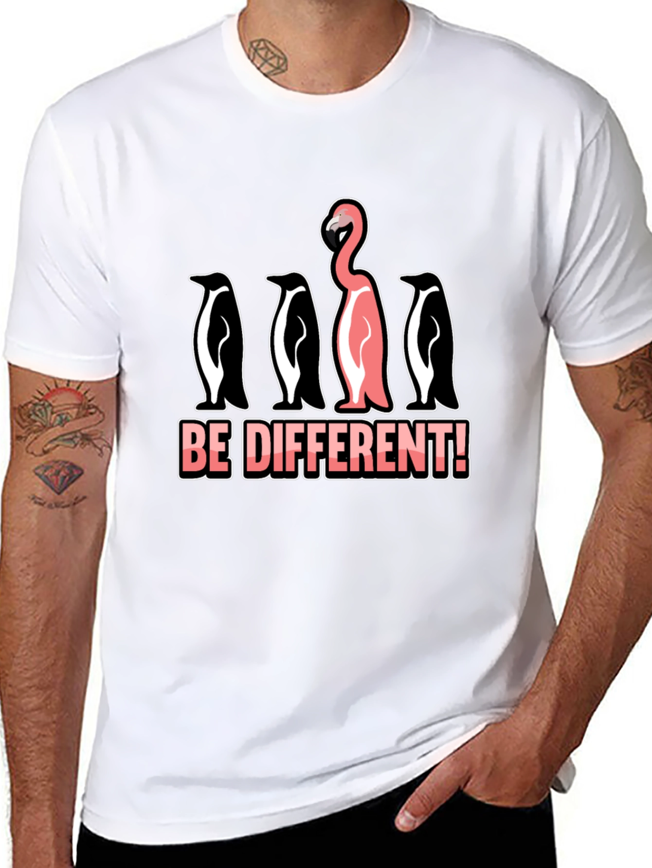 Black Be Different T-Shirt Flamingo Penguin Graphic Novelty Tee view 8