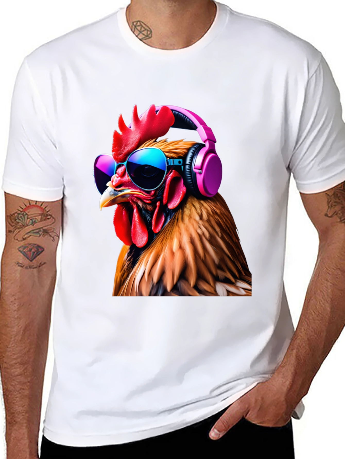 Black Cool Chicken T-Shirt with Headphones and Sunglasses view 8