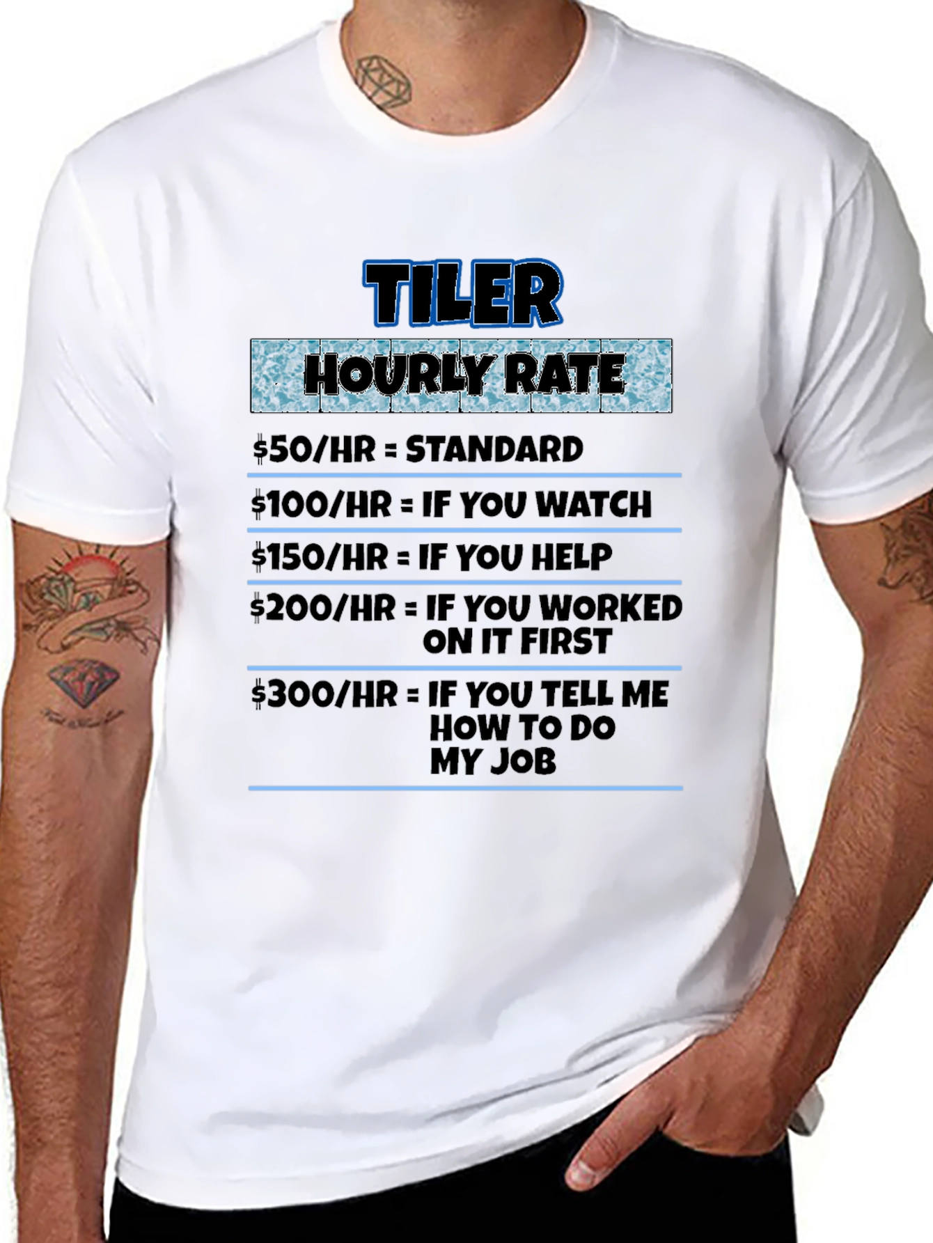 Black Tiler Hourly Rate Novelty Humor T-Shirt view 8