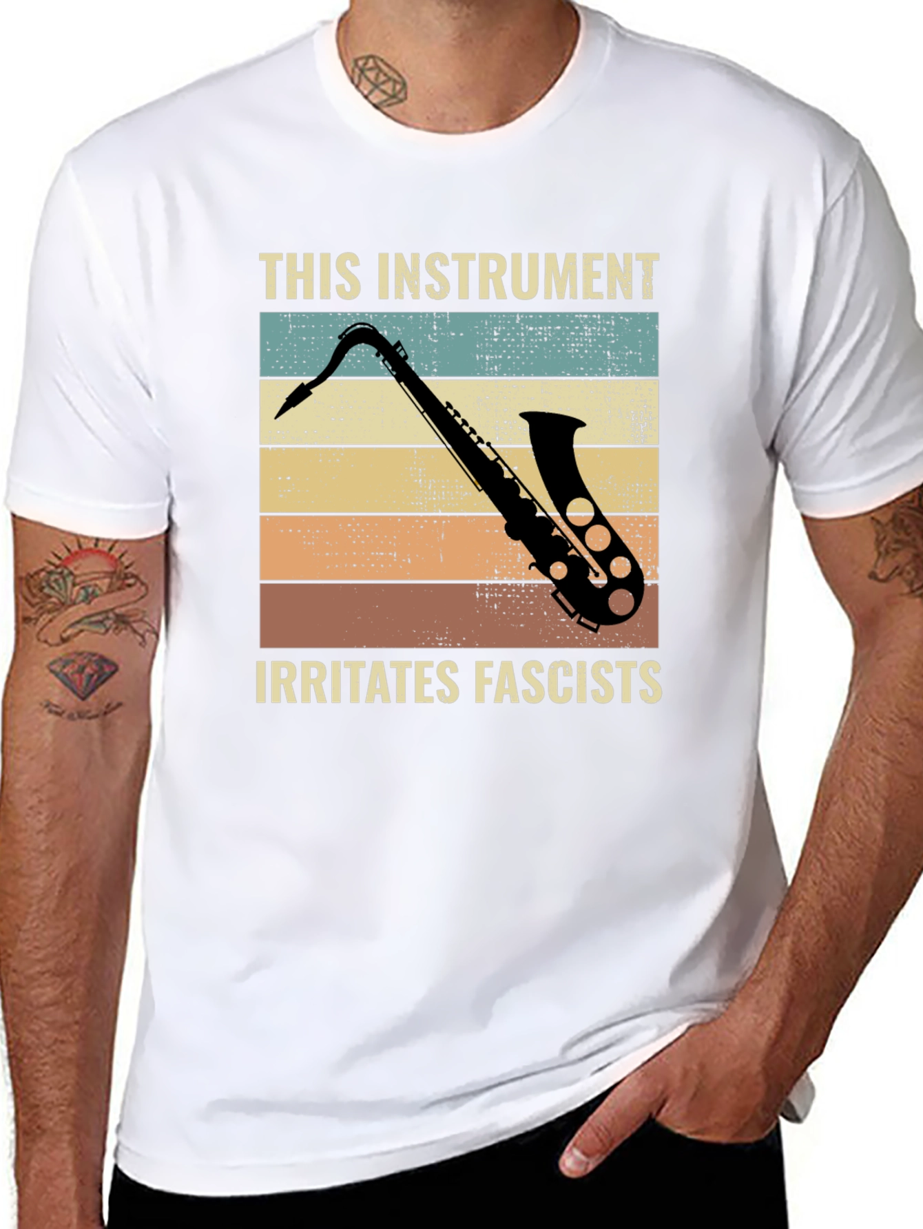 Black Saxophone Irritates Fascists Graphic Tee view 8