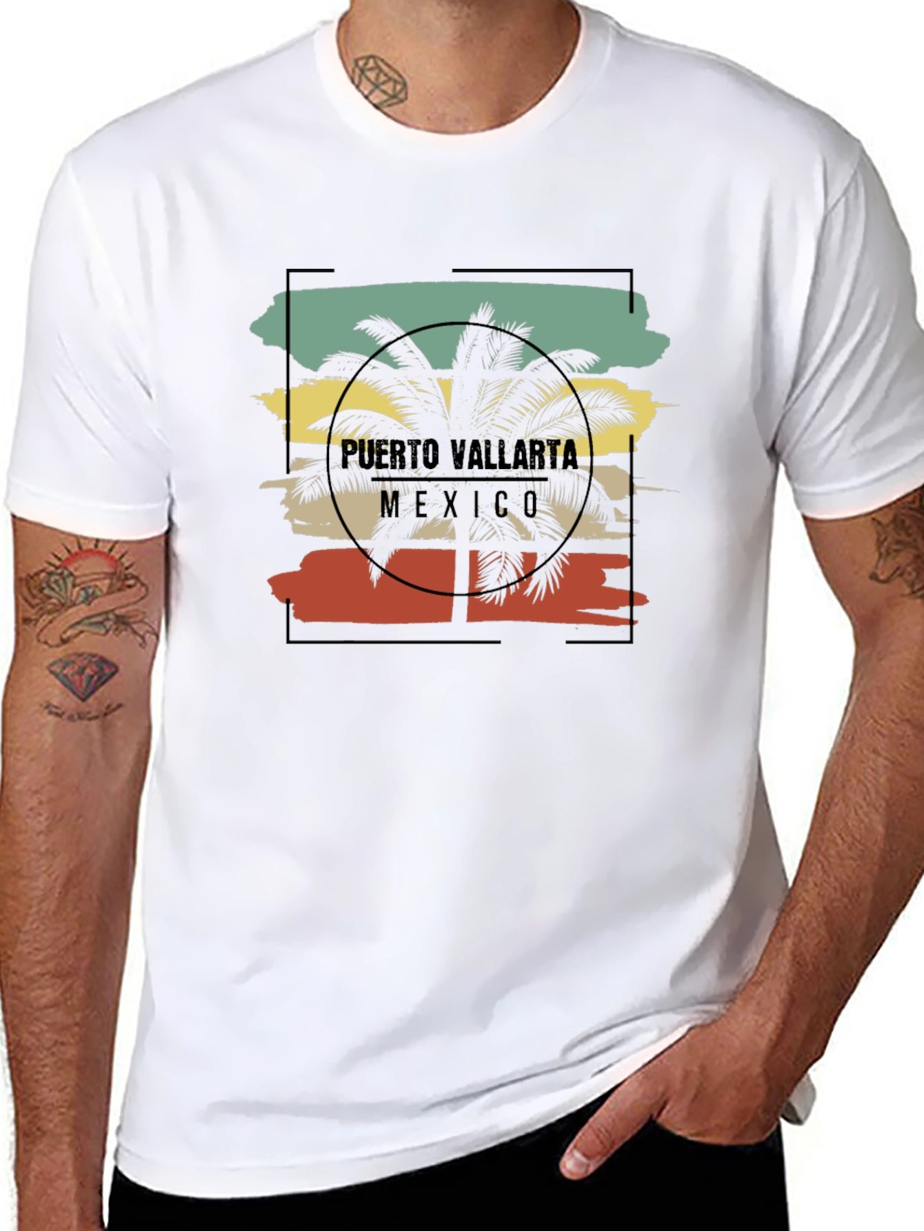 Black Puerto Vallarta Retro Palm Tree Black T-Shirt view 8