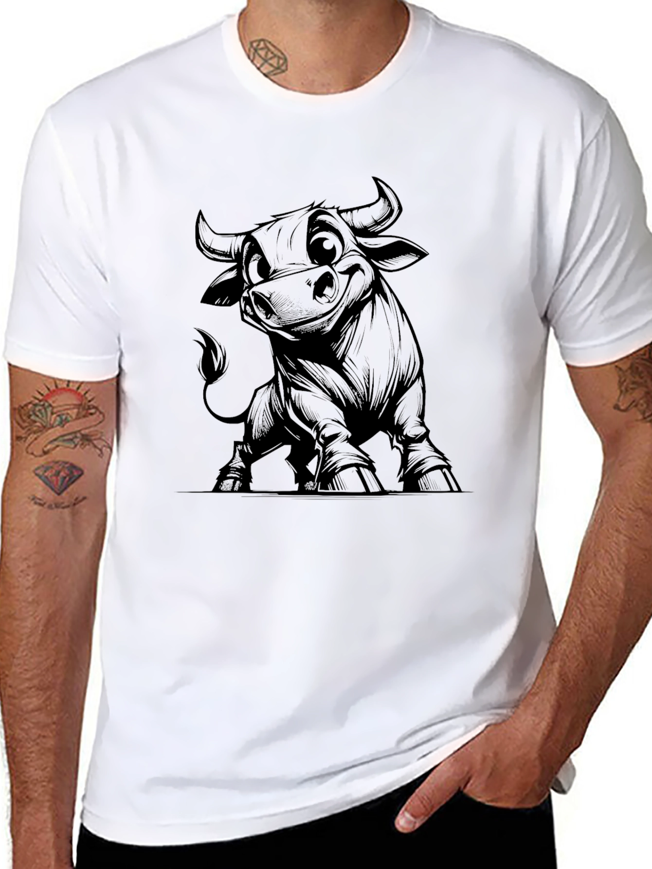 Black Cartoon Bull Graphic Tee - Black Cotton Blend view 8