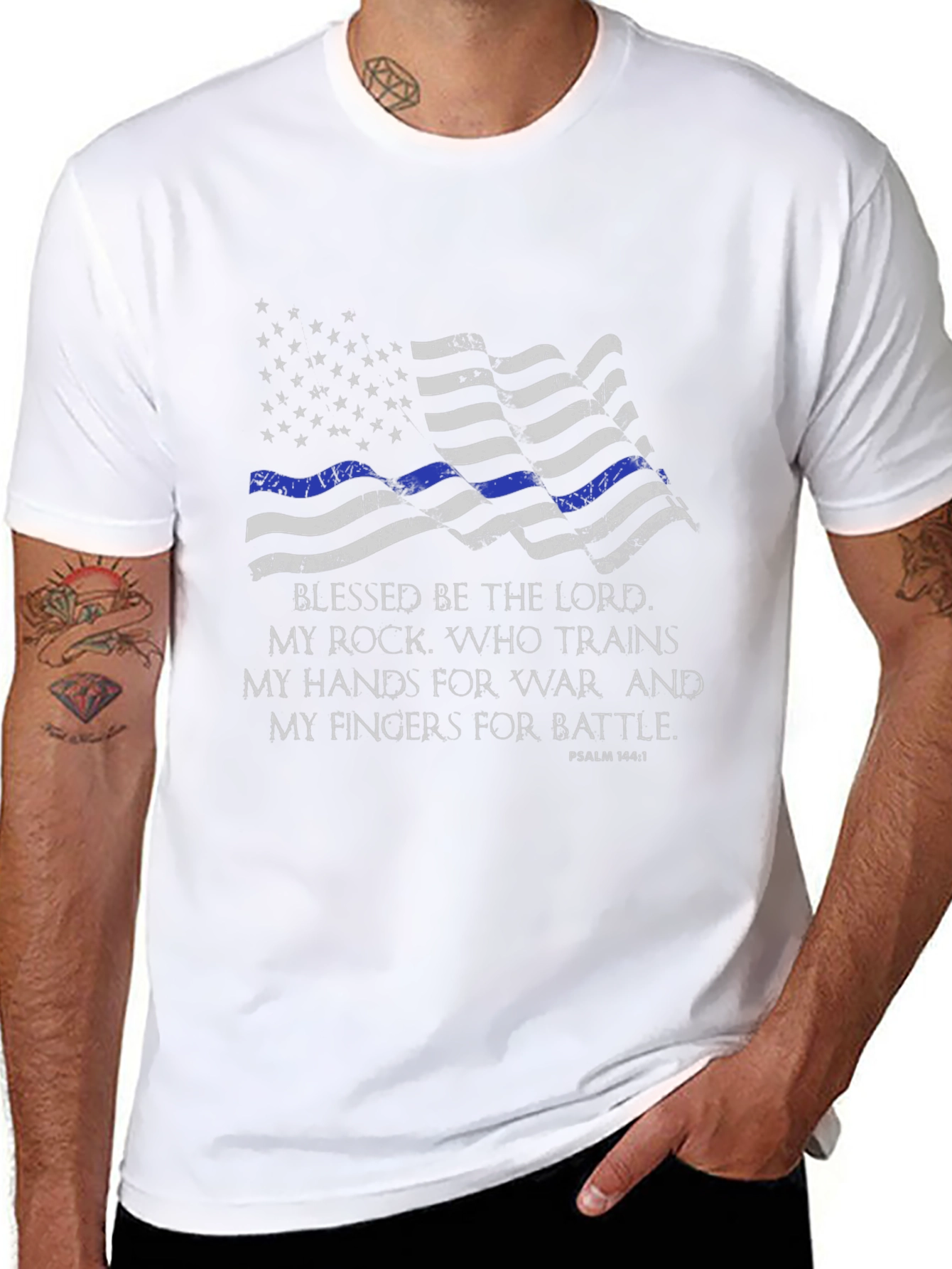 Black Blessed Be The Lord T-Shirt - Thin Blue Line Flag view 8