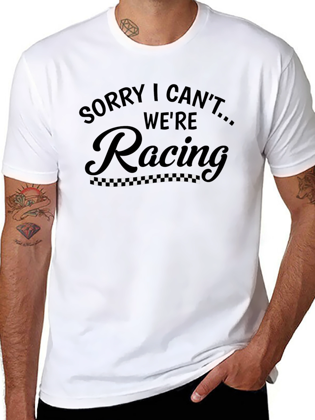 Black Sorry I Can't We're Racing Men's Black T-Shirt view 8