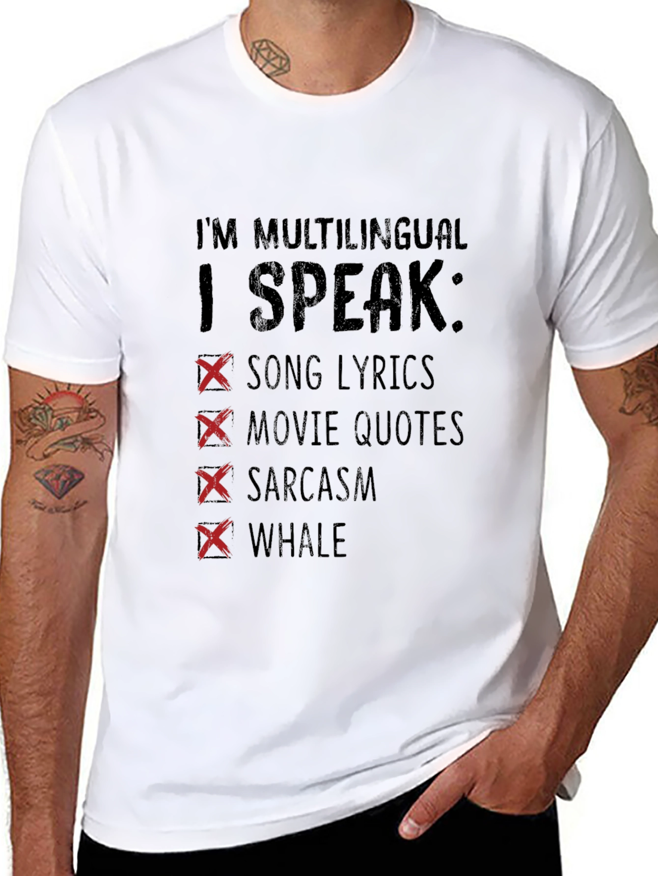 Black Multilingual T-Shirt: Song Lyrics, Movie Quotes, Sarcasm, Whale view 8