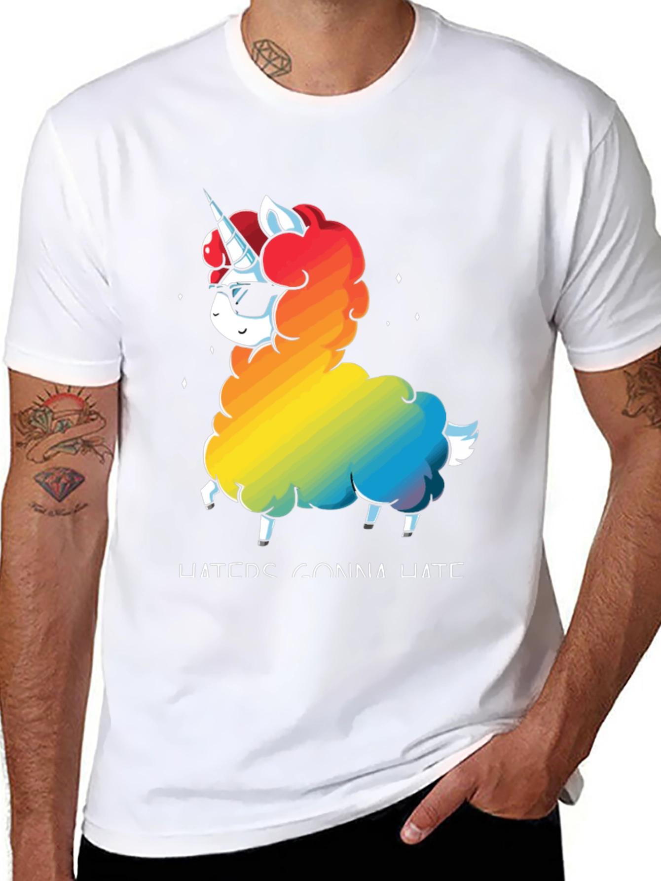 Black Unicorn Llama Rainbow T-Shirt - "Haters Gonna Hate" view 8
