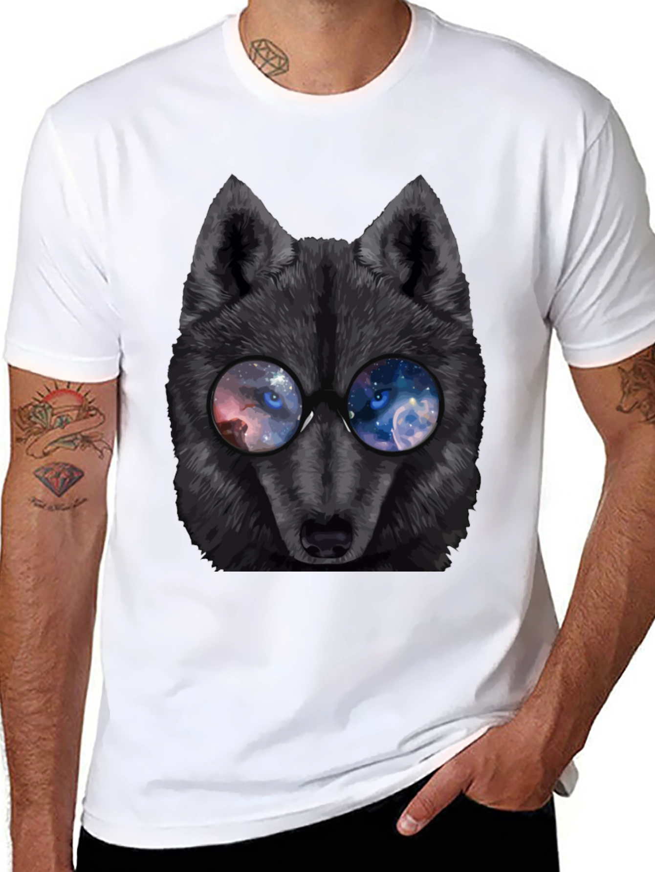 Black Cool Wolf with Galaxy Glasses T-Shirt view 8