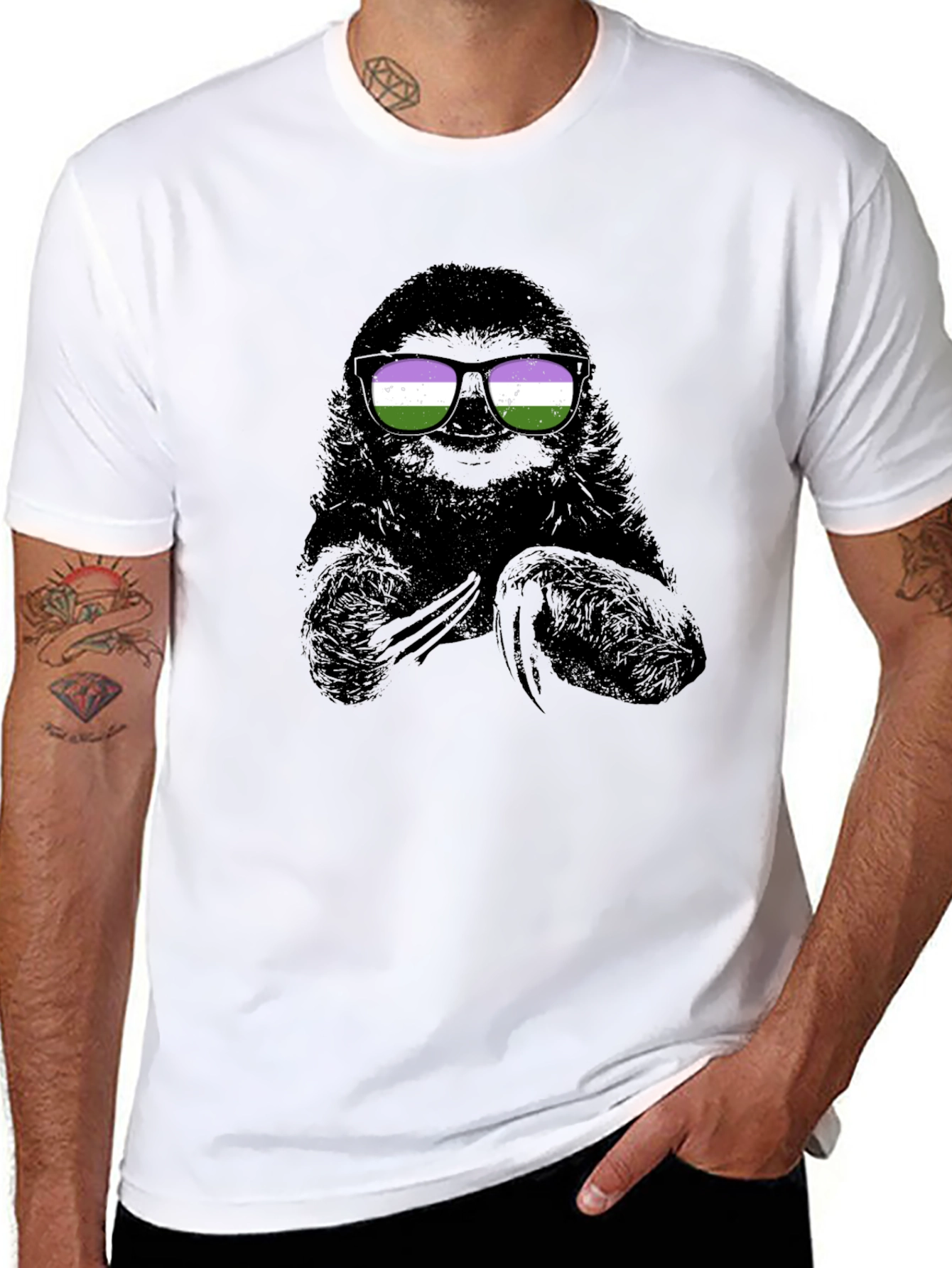 Black Sloth Wearing Genderqueer Pride Sunglasses T-Shirt view 8