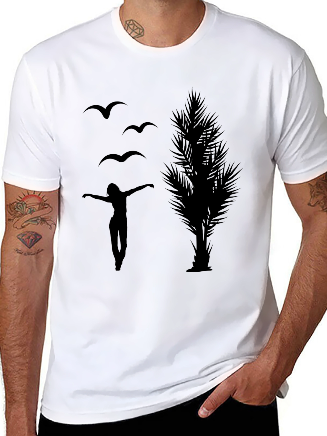 Black Silhouette Graphic Tee - Birds, Woman, Tree view 8