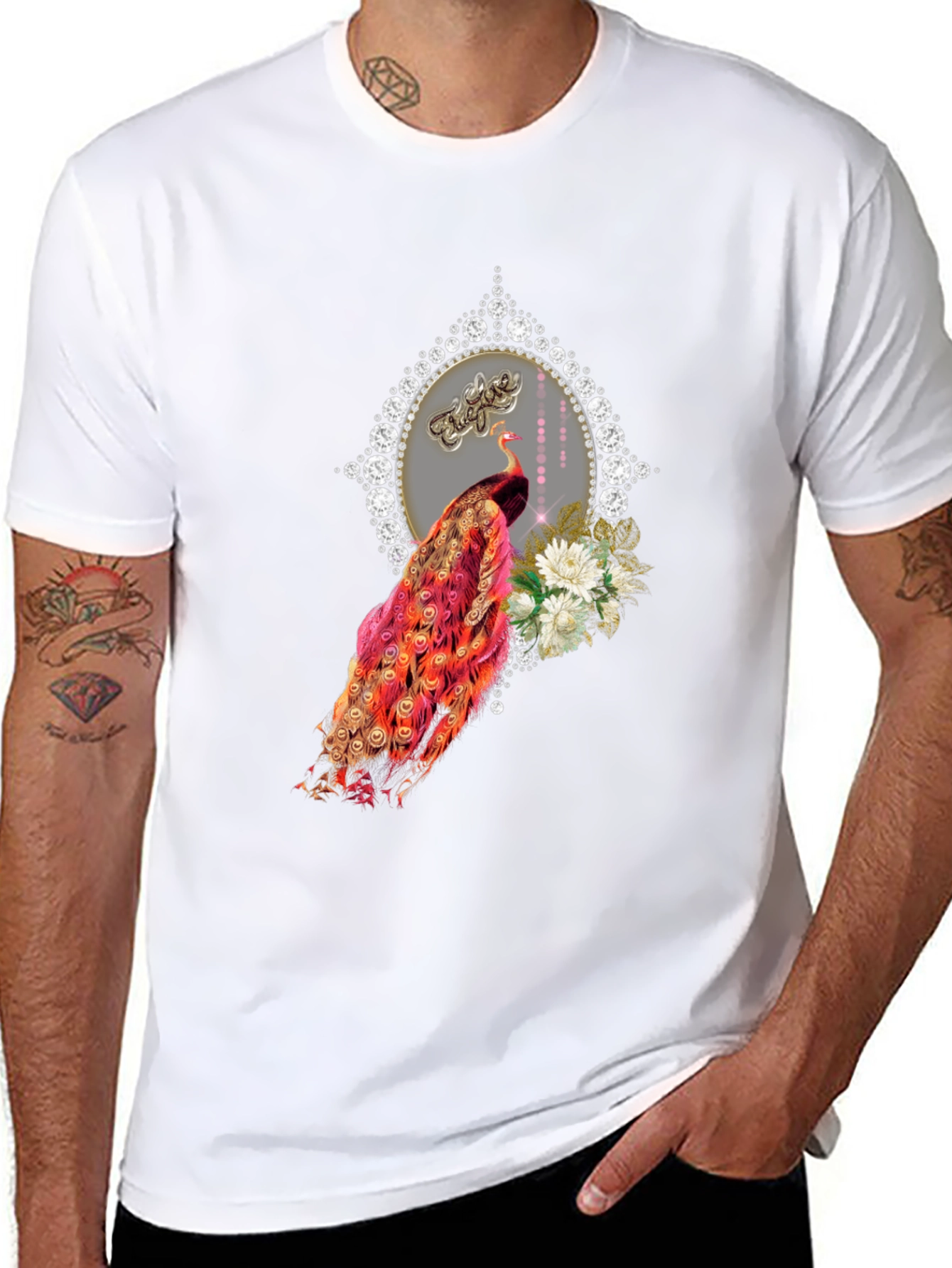 Elegant Peacock Graphic Tee - Diamond Frame - 8