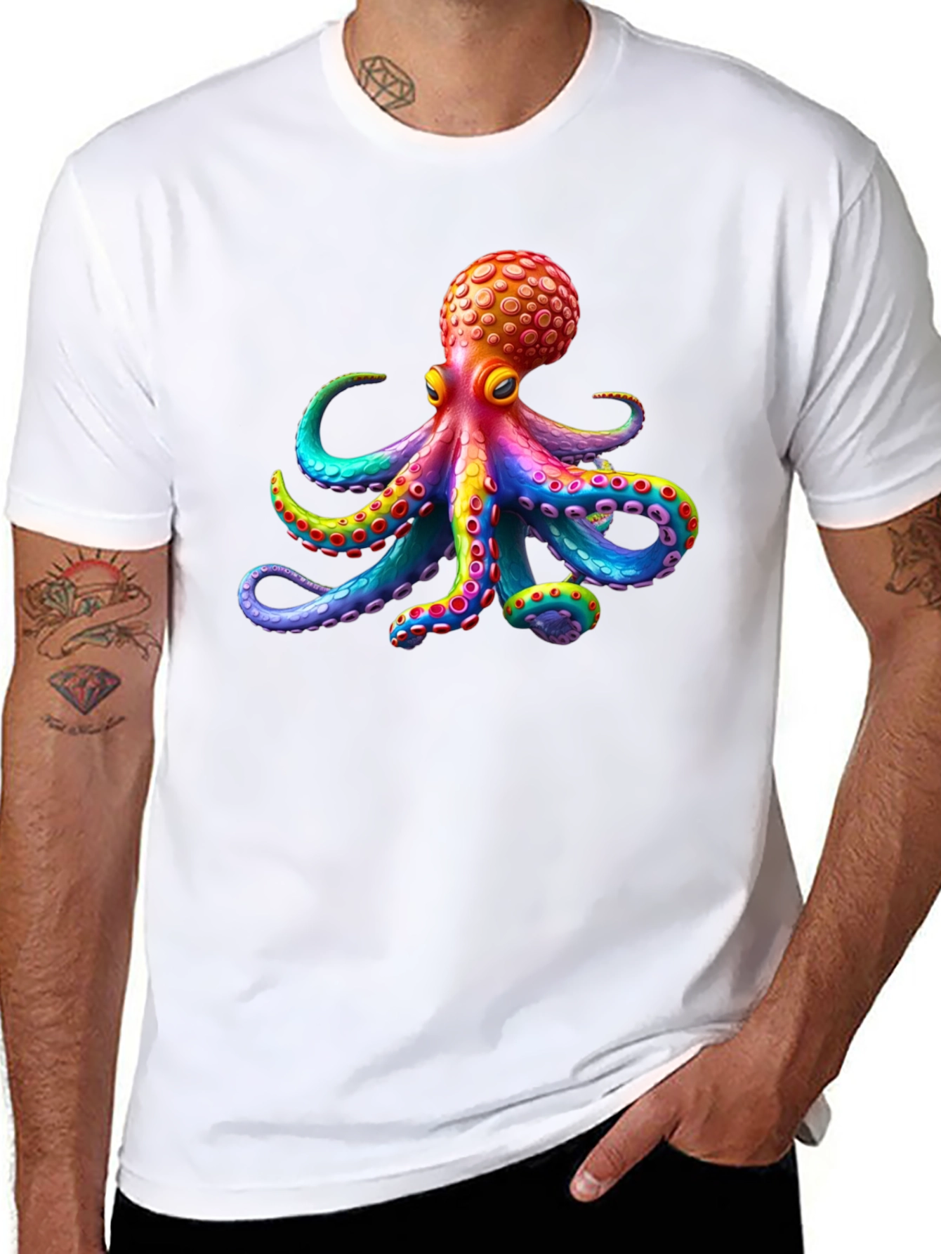 Black Rainbow Octopus Graphic Tee - Black Cotton T-Shirt view 8