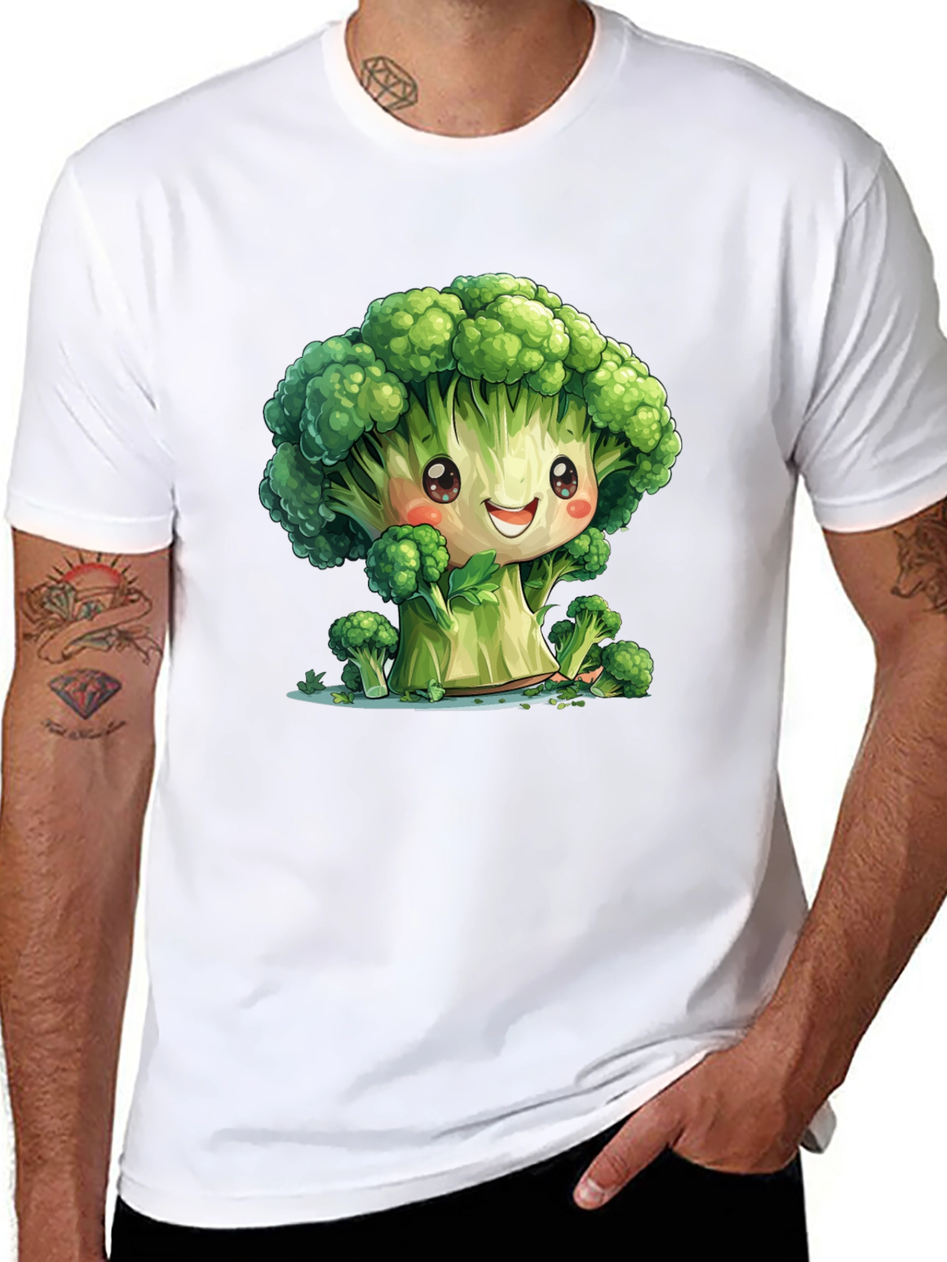 Black Cute Broccoli Cartoon Black T-Shirt view 8