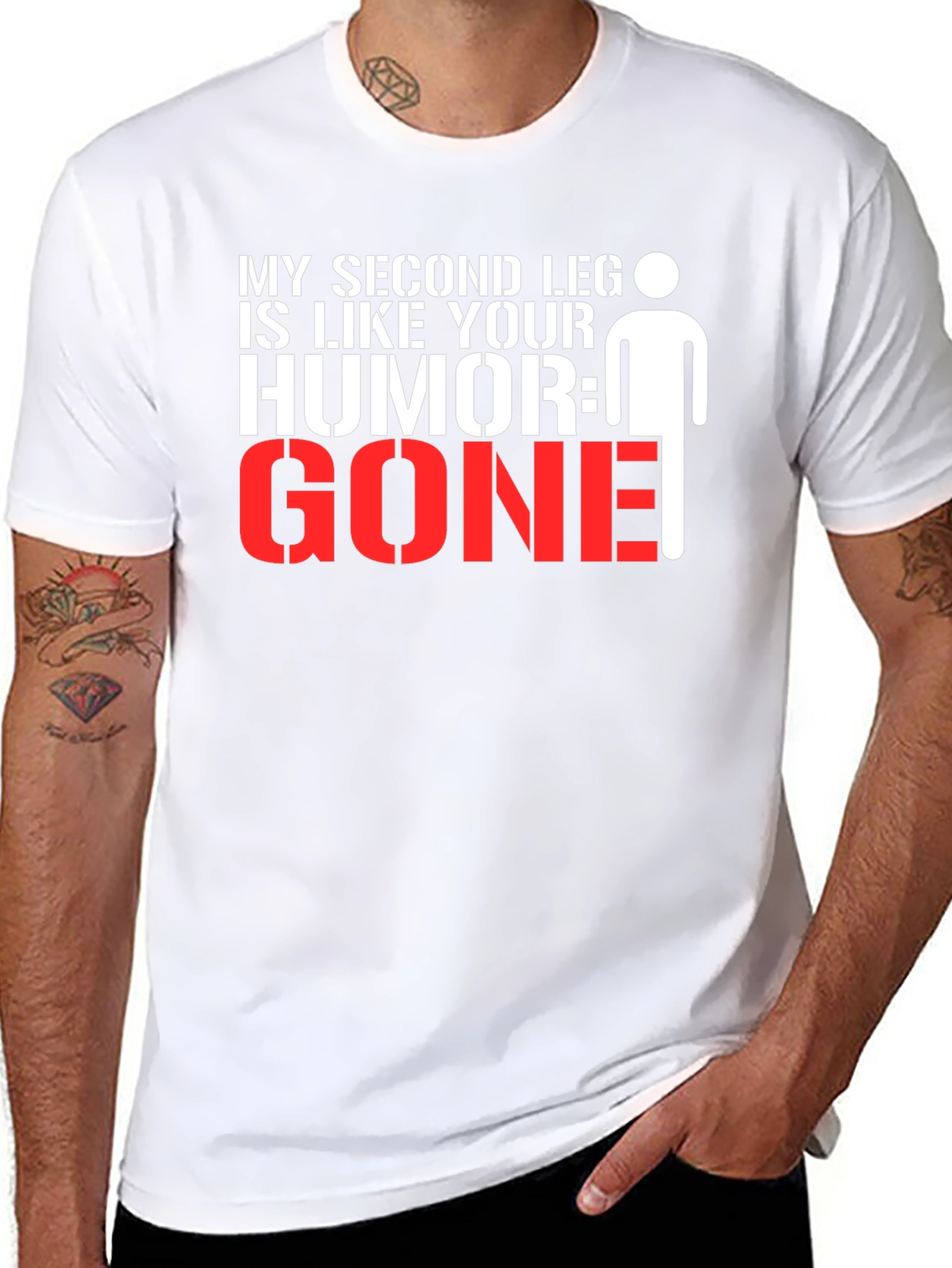 Black Humorous Graphic Tee: My Second Leg is Like Your Humor, GONE! view 8