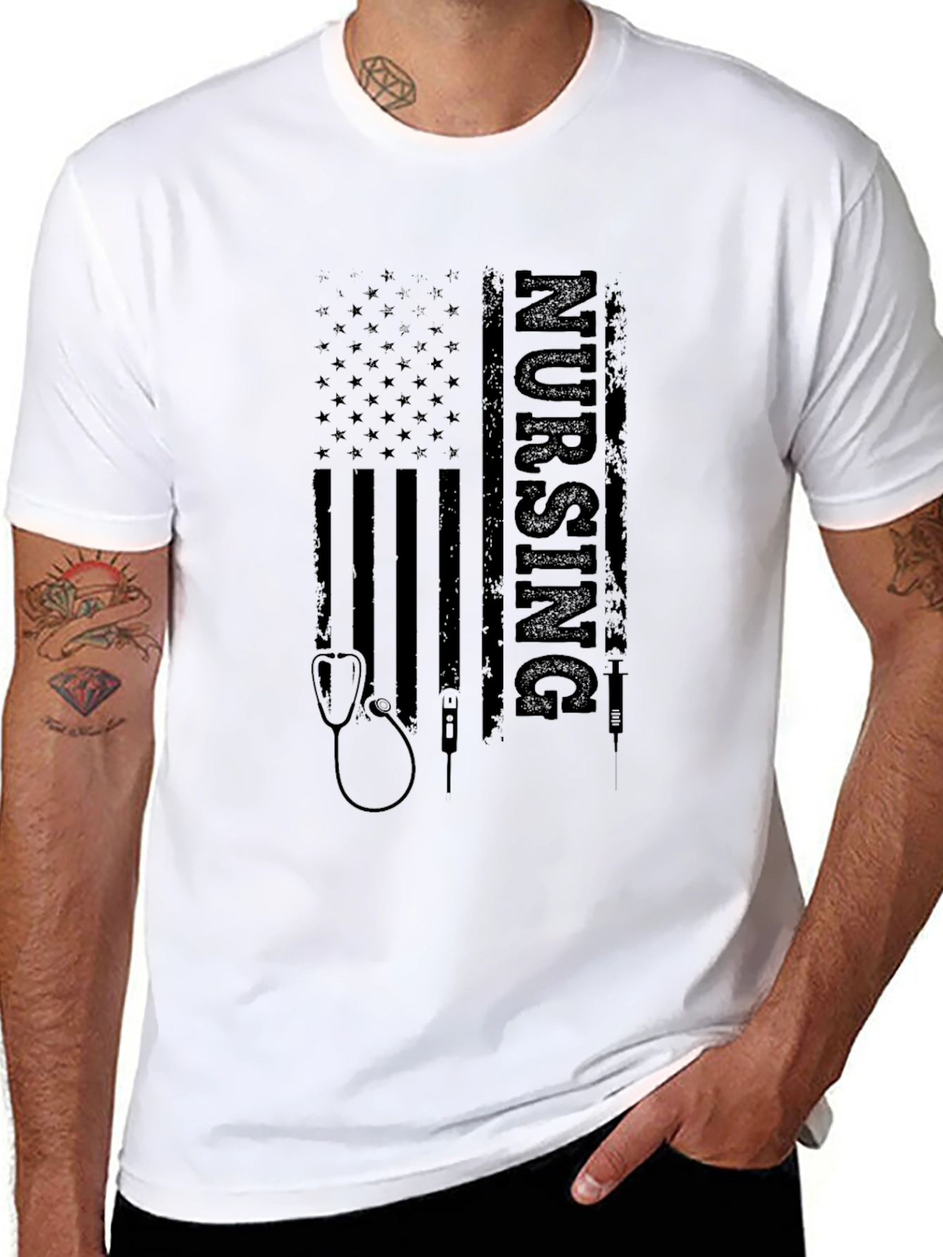 Black Nursing American Flag Graphic Tee view 8
